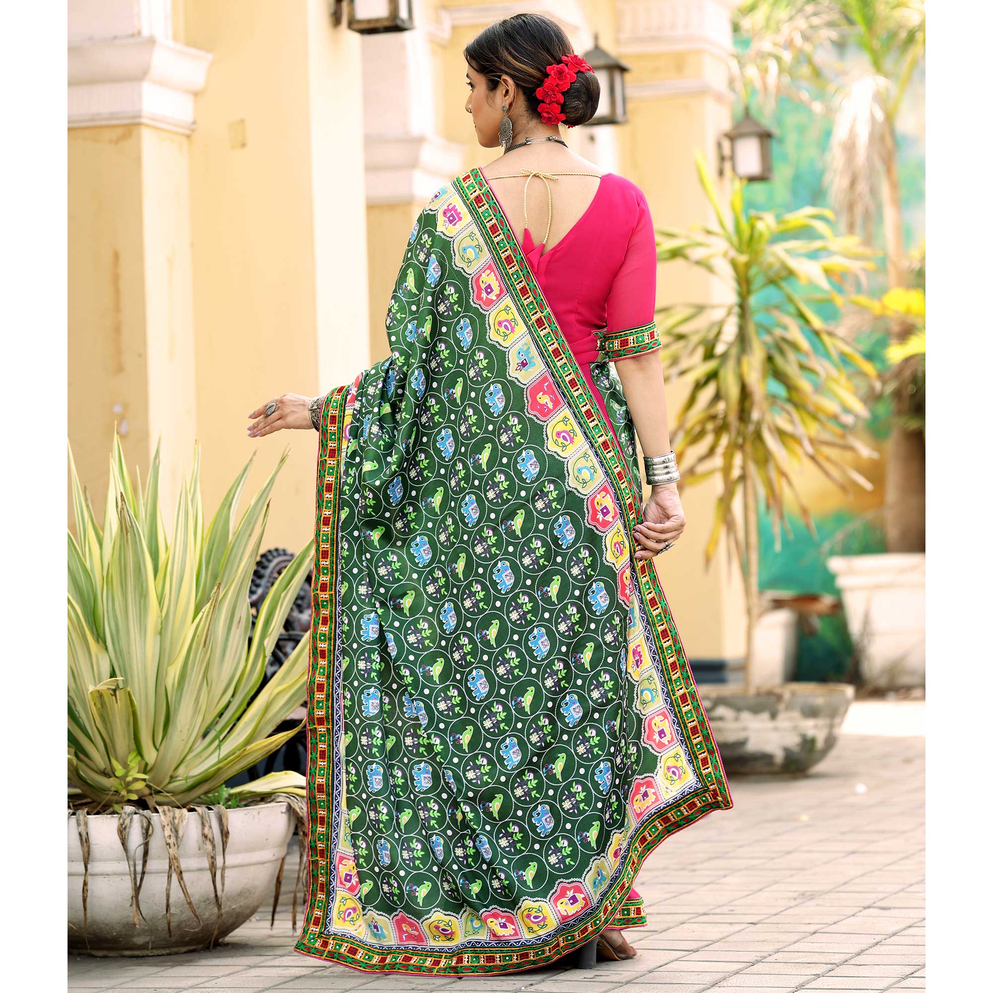 Pink & Green Patola Print With Embroidered Georgette Half & Half Saree