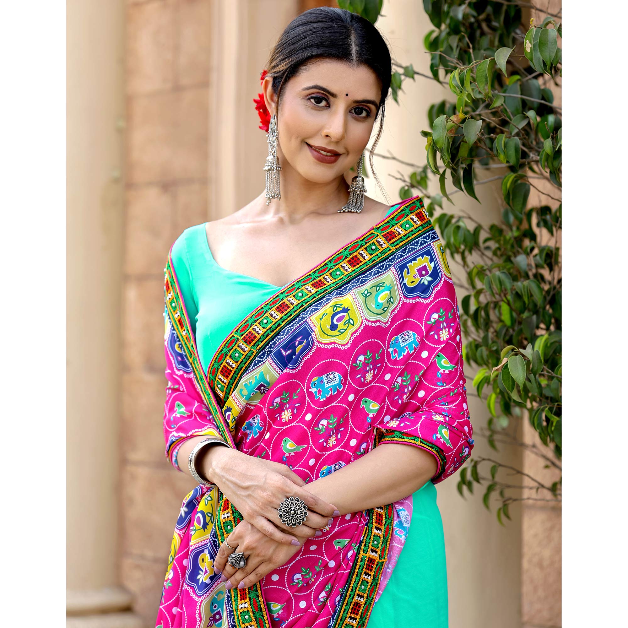 Turquoise & Pink Patola Print With Embroidered Georgette Half & Half Saree