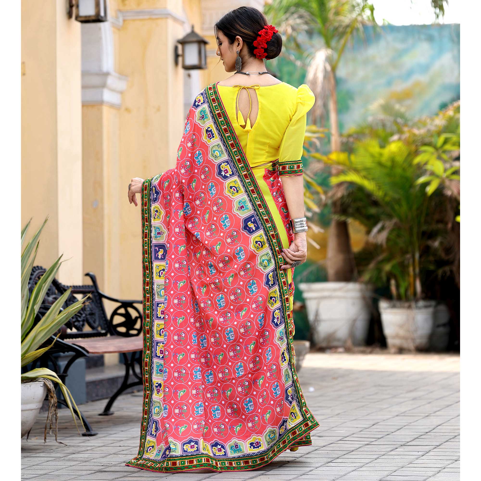 Yellow & Pink Patola Print With Embroidered Georgette Half & Half Saree