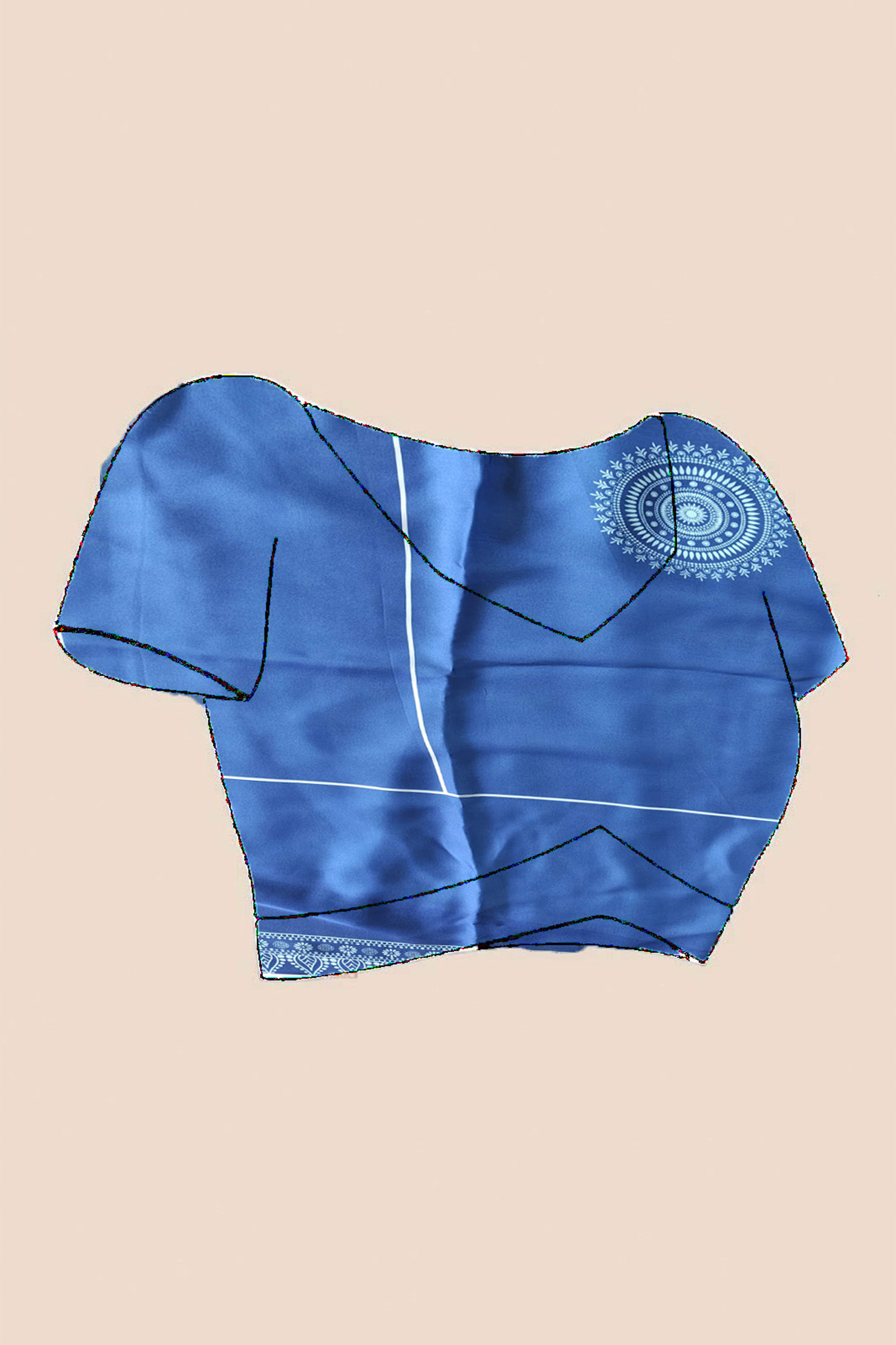 Blue Designer Freehand Saree In Satin Georgette With Striking Digital Print