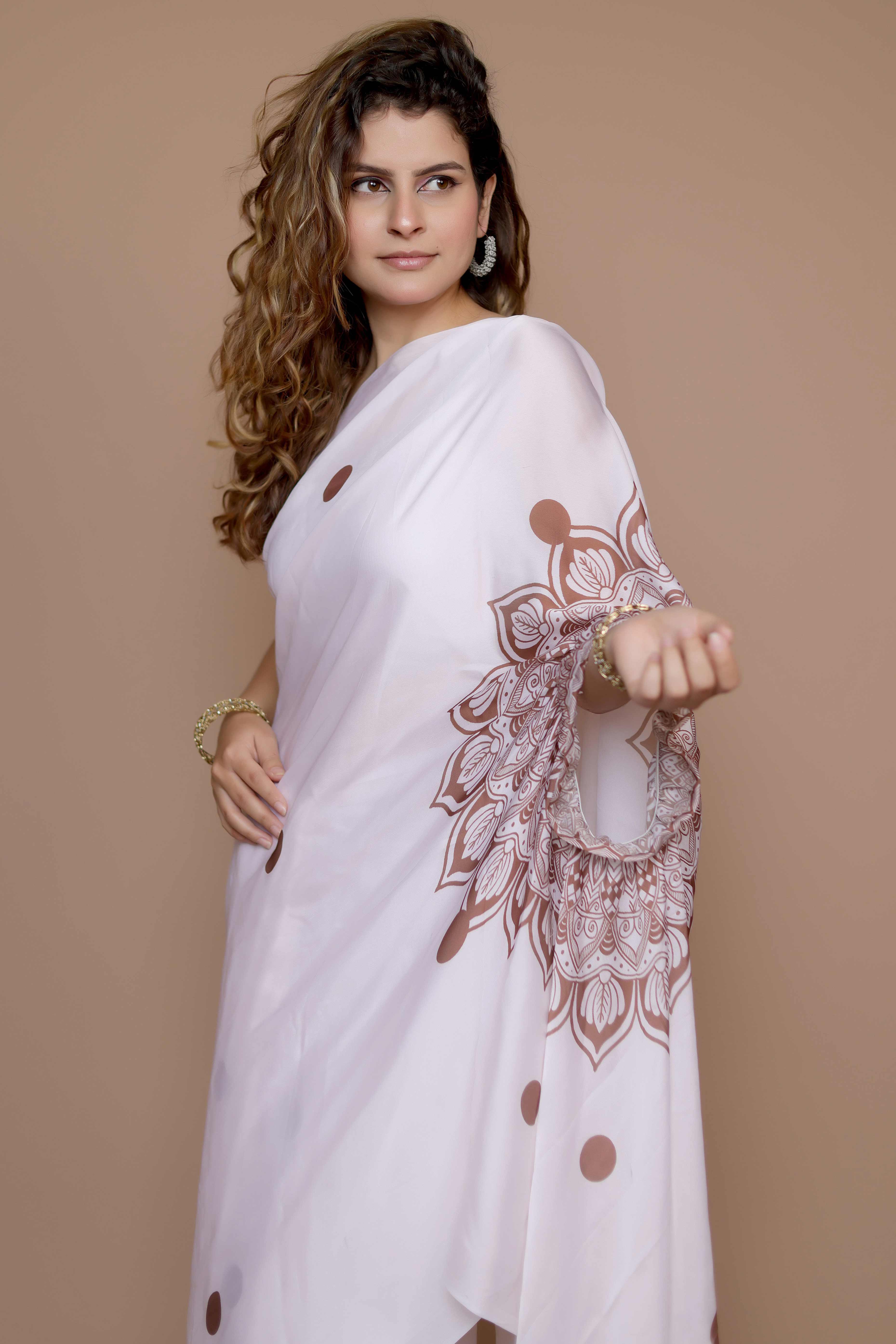 Cream Designer Freehand Saree In Satin Georgette With Striking Digital Print