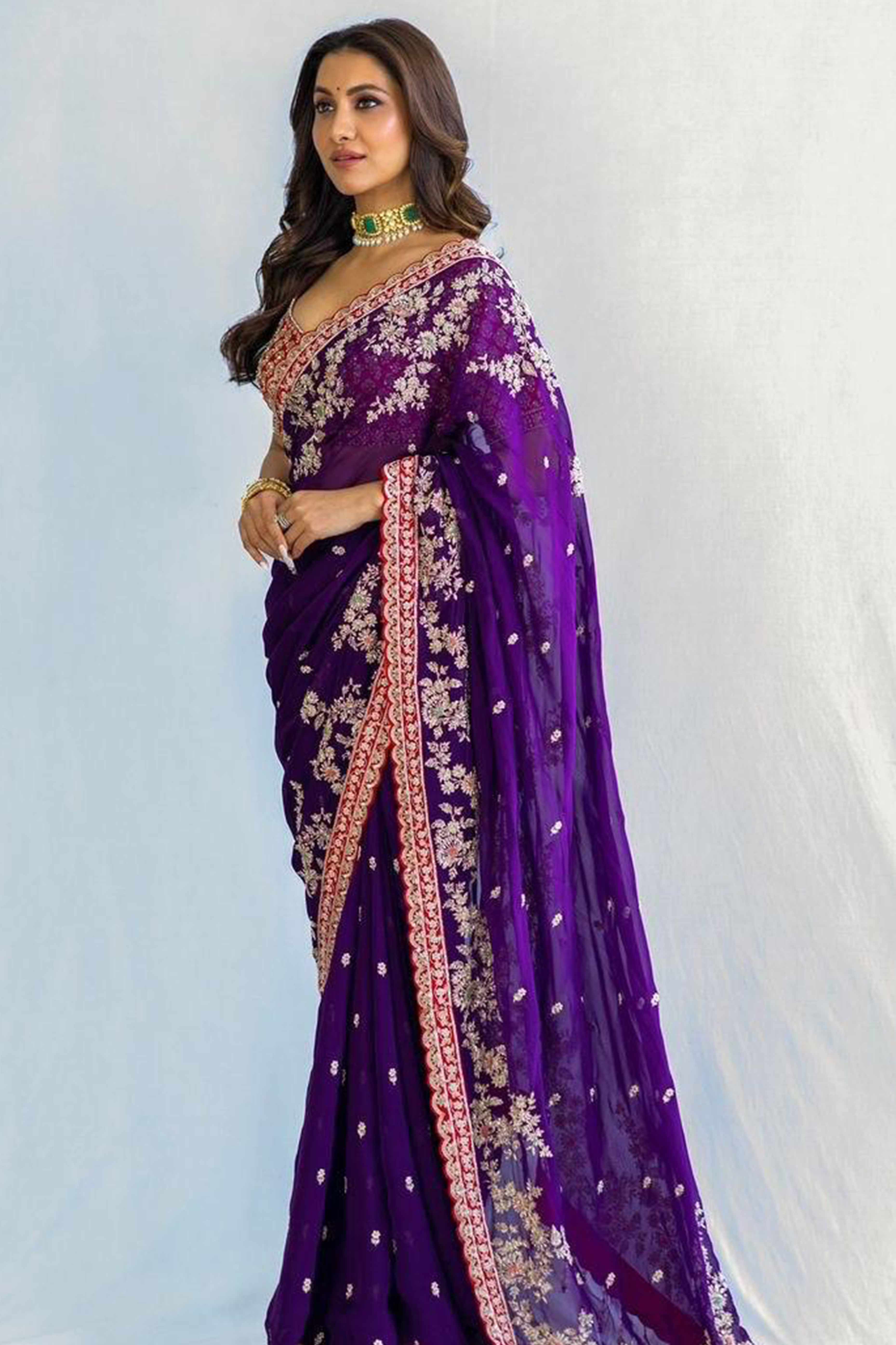 Designer Violet Embroidered Satin Saree with Fine Thread Detailing