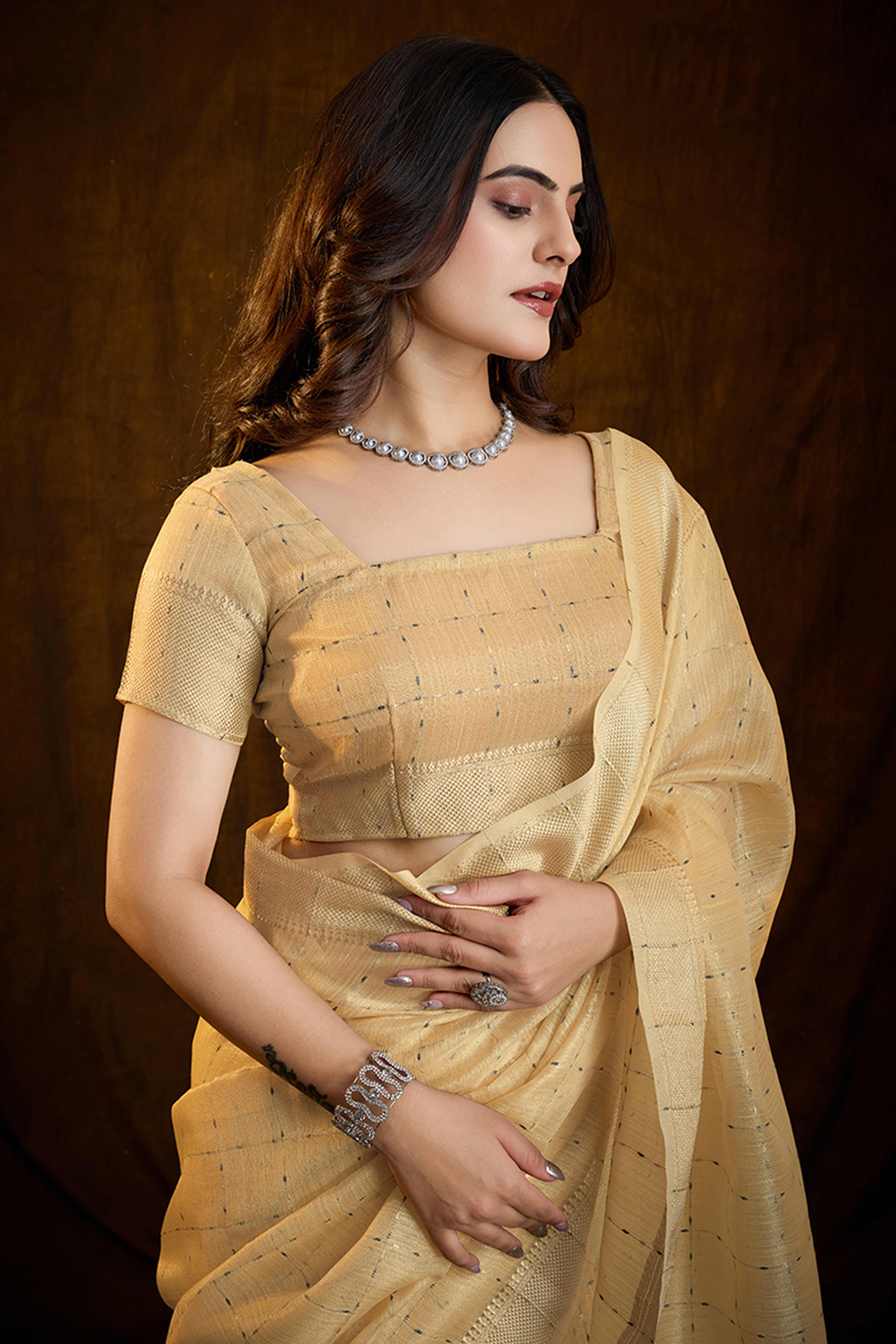 Yellow Cotton Silk Saree with Rich Zari Weaving in Checkered Style