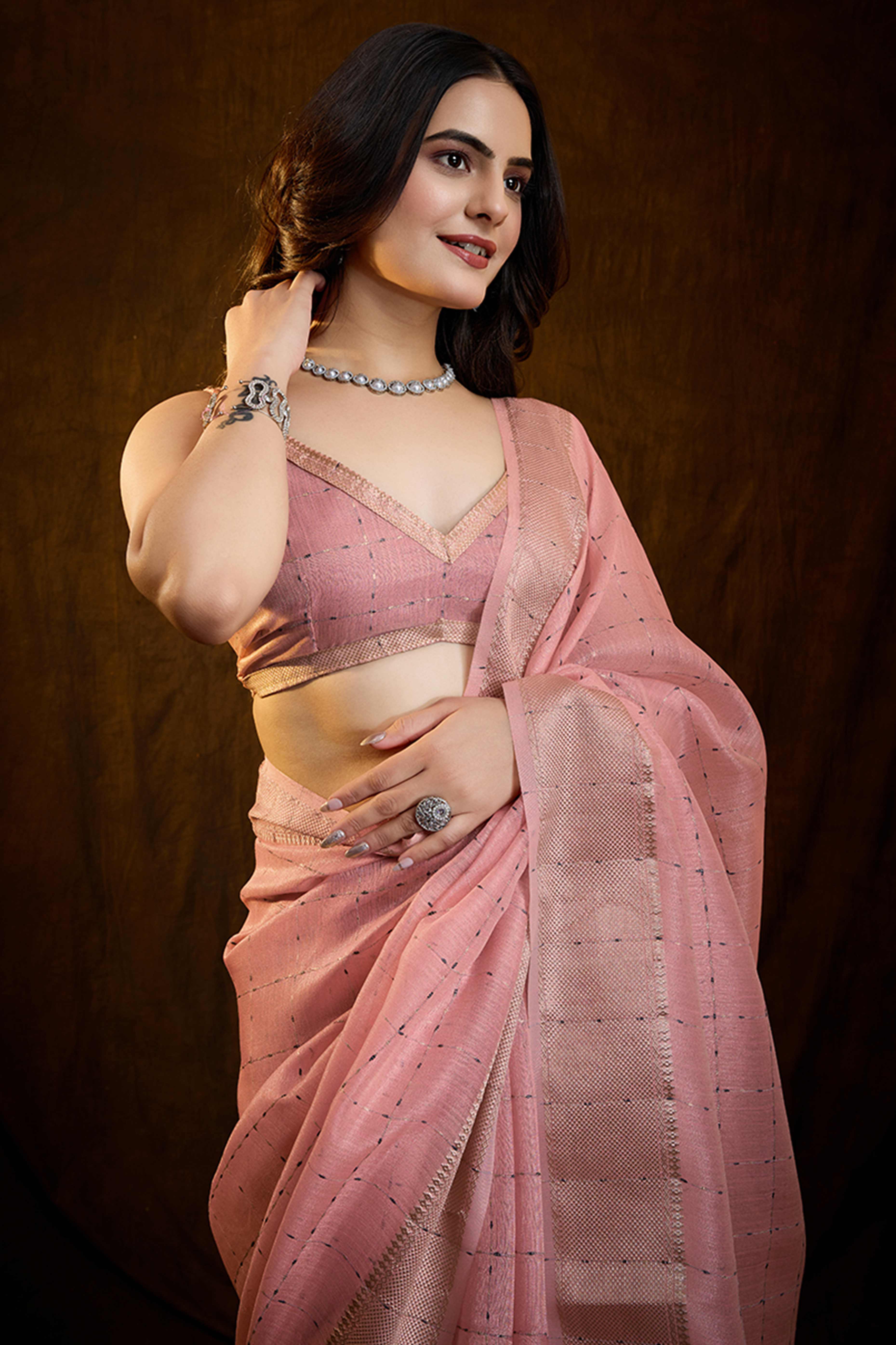 Blush Pink Cotton Silk Saree with Rich Zari Weaving in Checkered Style