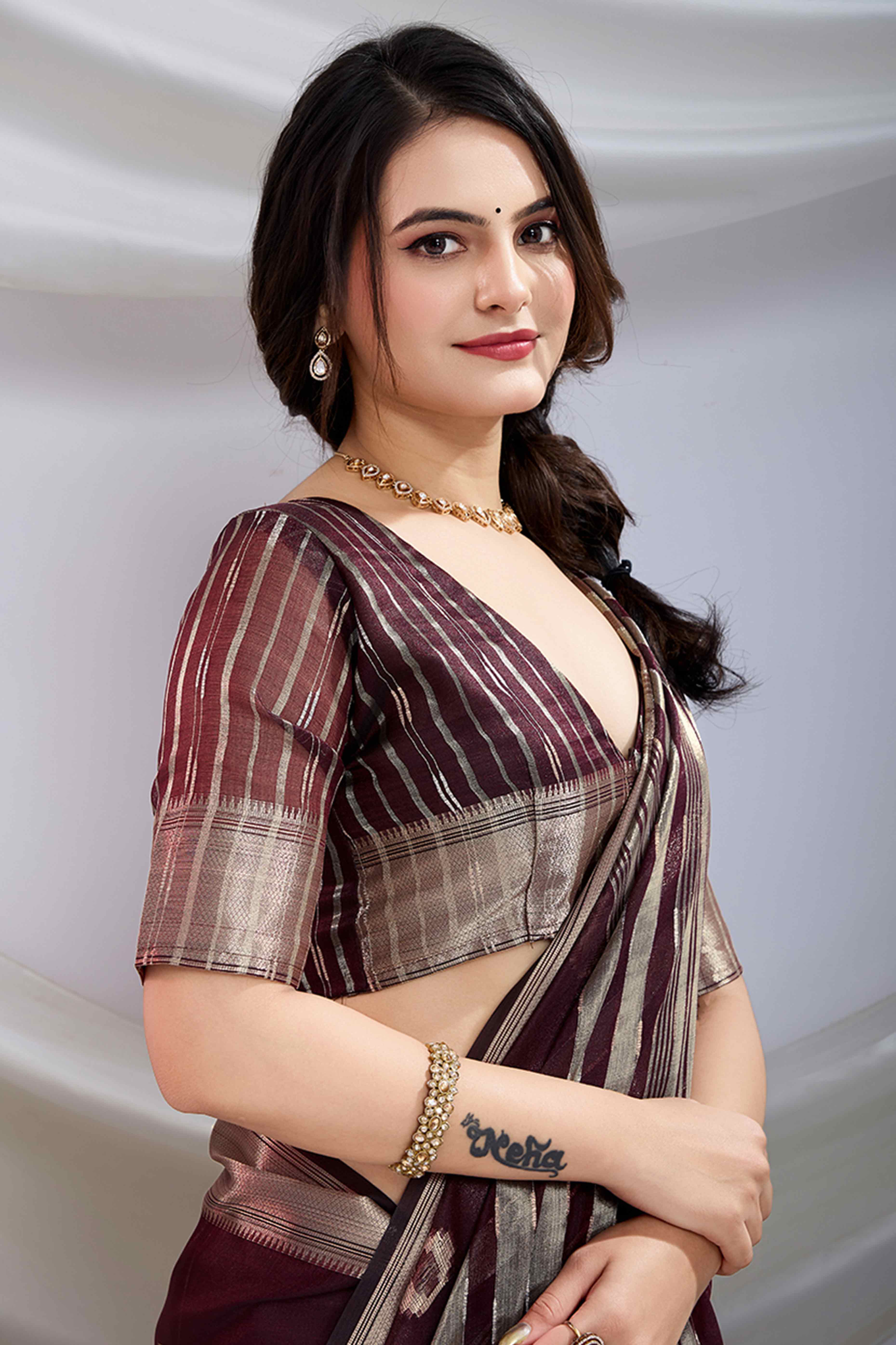 Burgundy Zari Butti Saree in Lightweight Tissue Fabric