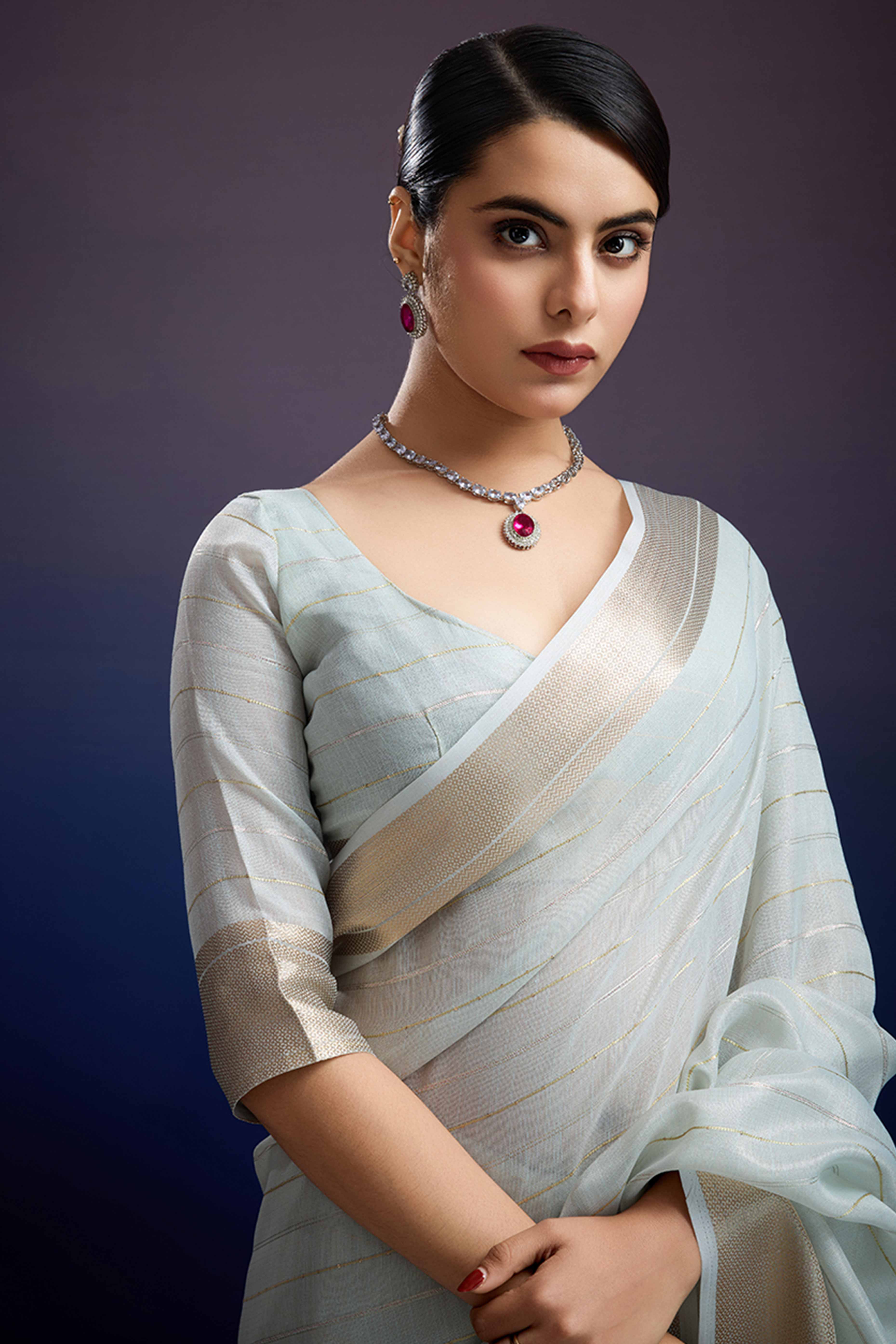 Pastel Blue Pure Linen Saree with Gold Toned Zari Weave