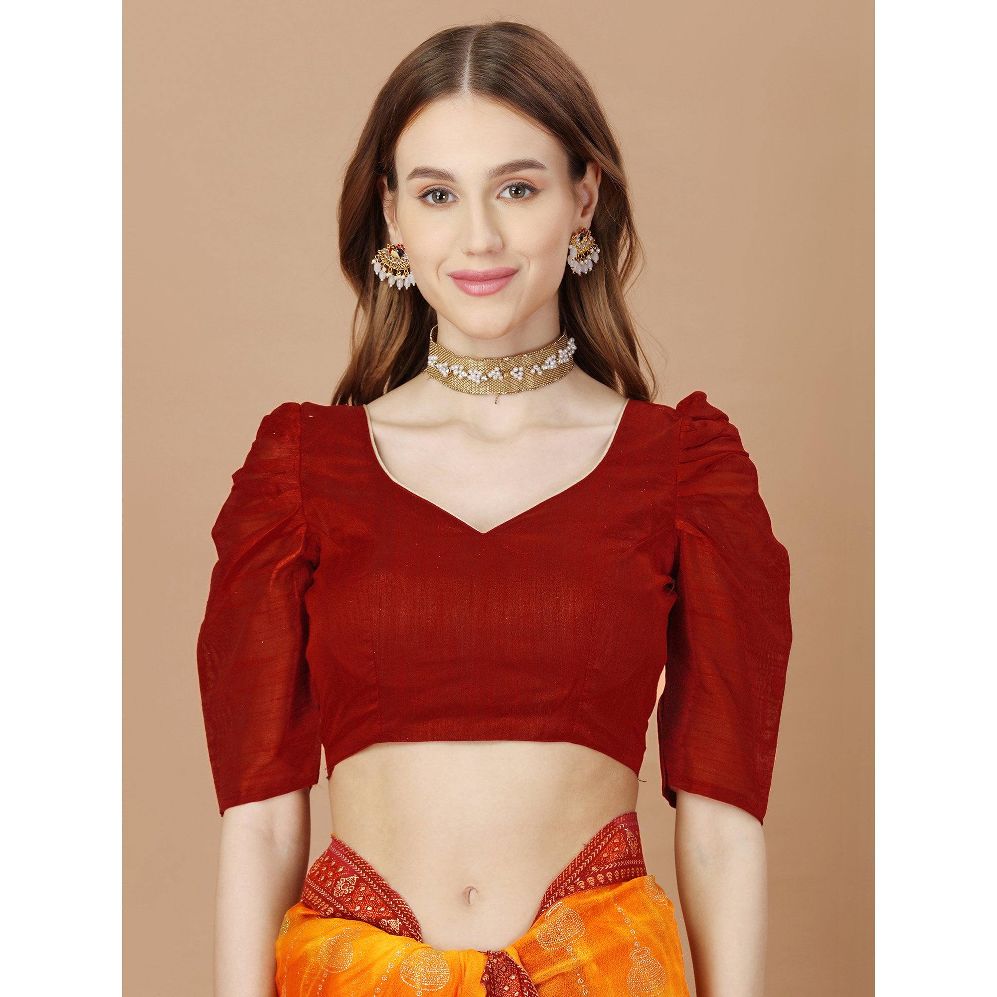 Orange Foil Printed Lycra Saree With Lace Border