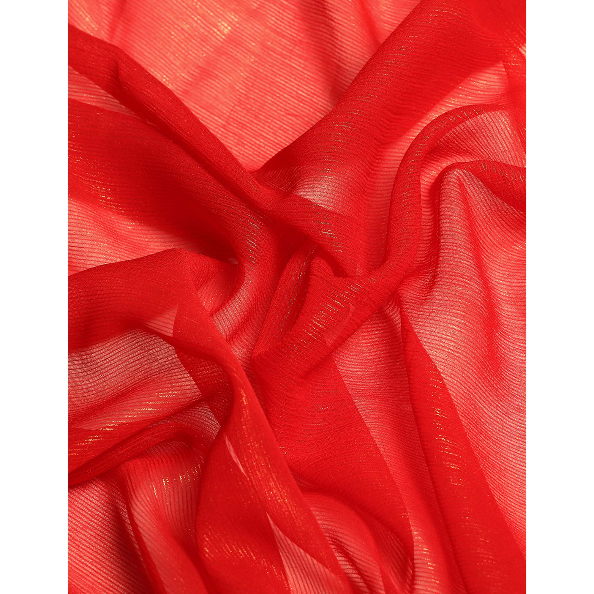 Red Solid With Woven Border Chiffon Saree With Tassels