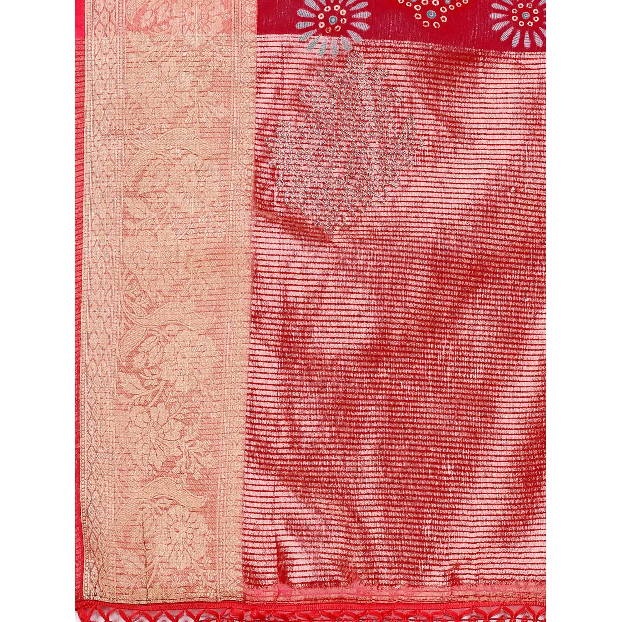 Red Bandhani Printed Organza Saree With Woven Border