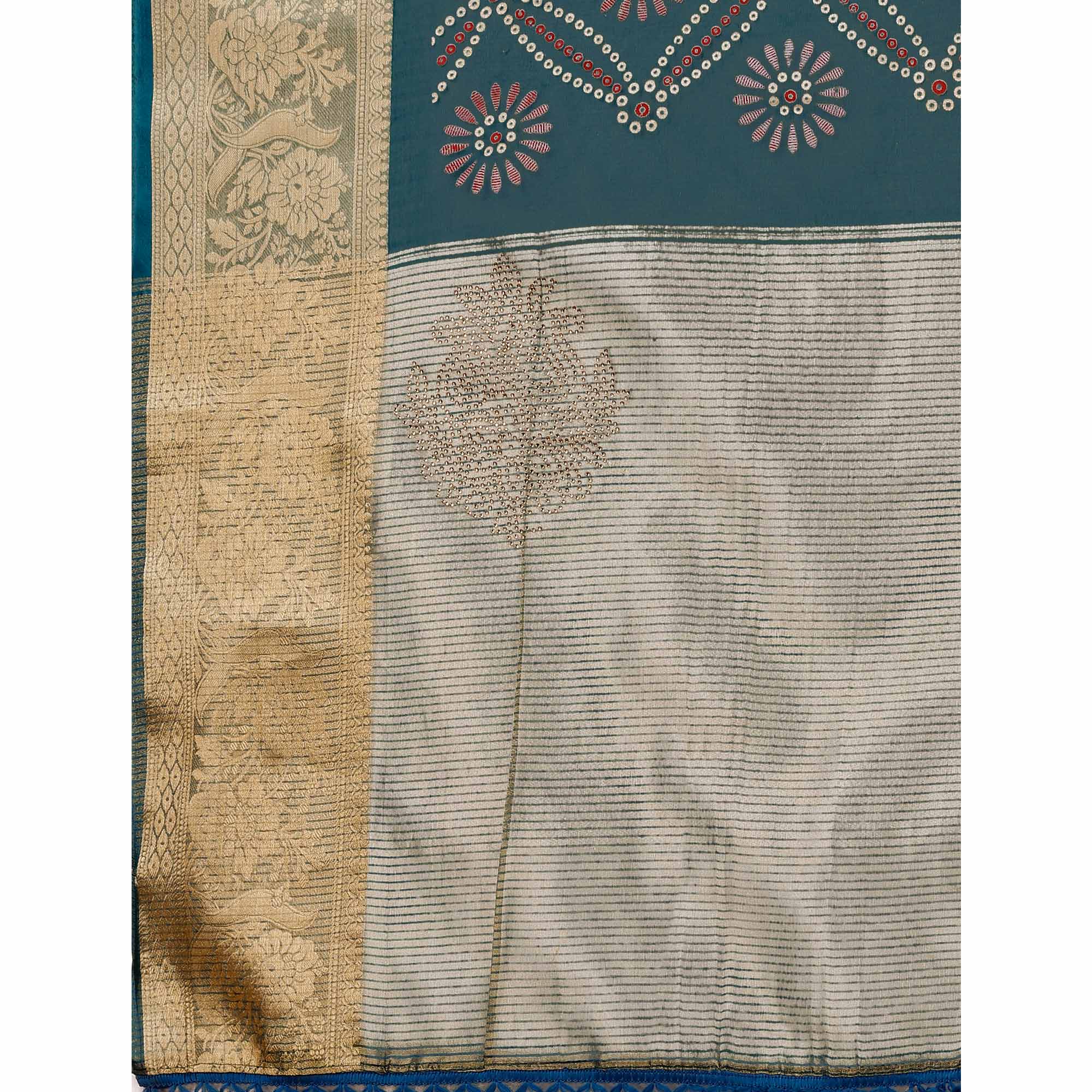 Teal Bandhani Printed Organza Saree With Woven Border