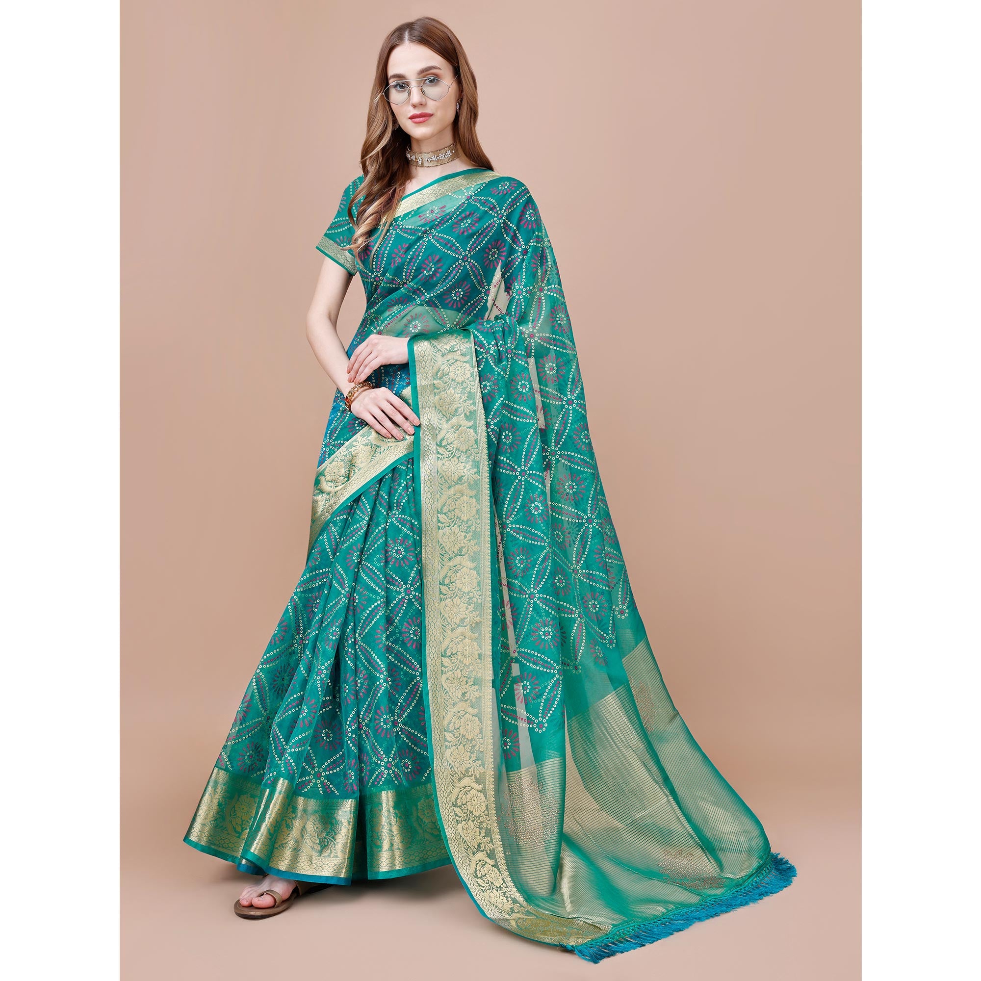 Rama Blue Bandhani Printed Organza Saree With Woven Border