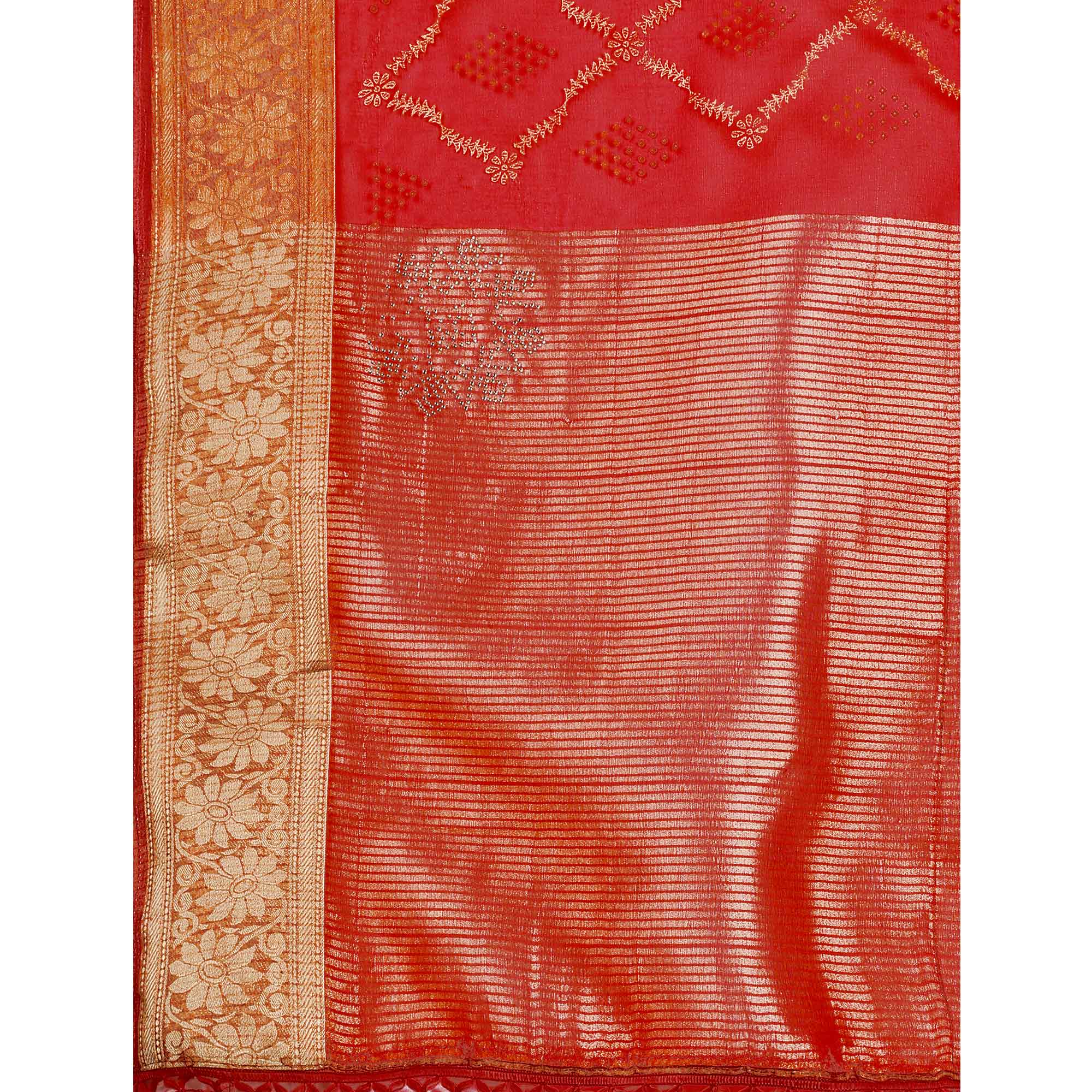 Red Bandhani Printed Organza Saree With Woven Border
