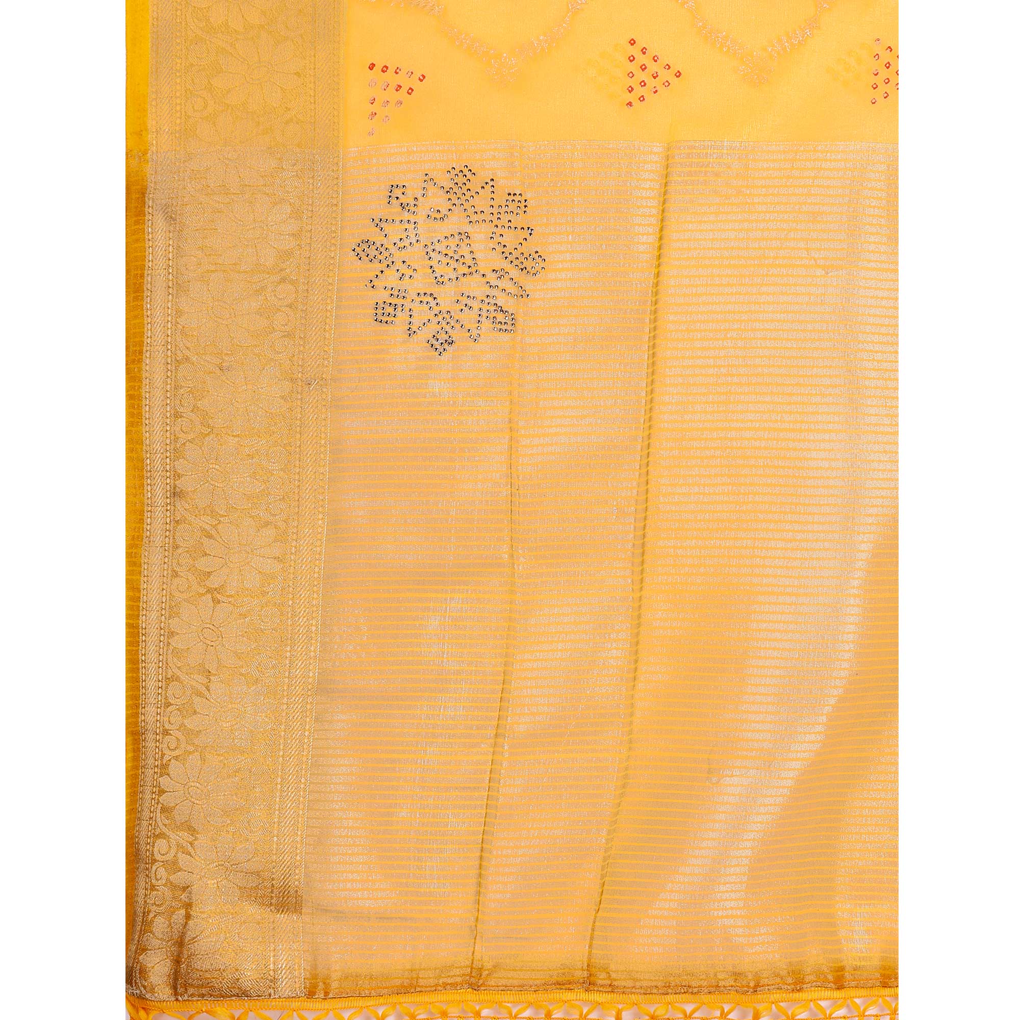 Yellow Bandhani Printed Organza Saree With Woven Border