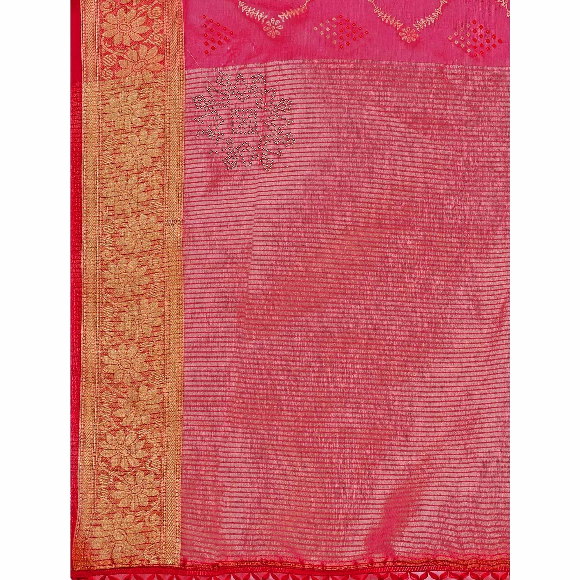 Rani Pink Bandhani Printed Organza Saree With Woven Border