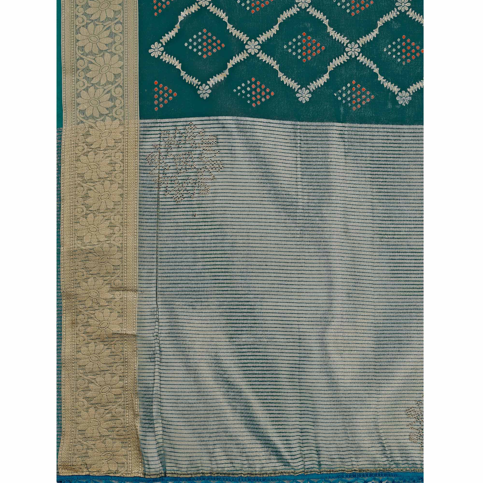 Teal Bandhani Printed Organza Saree With Woven Border