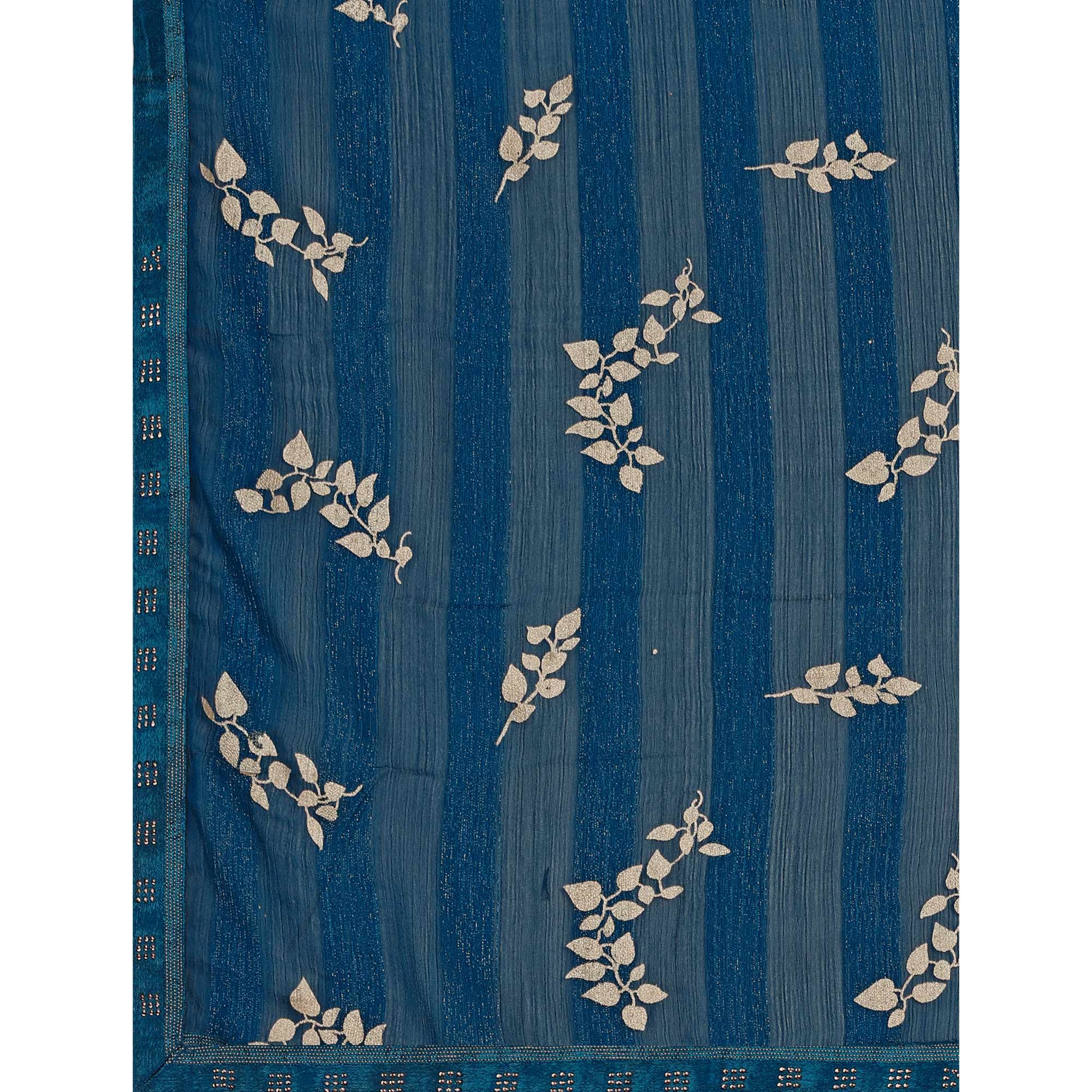 Blue Foil Printed Chiffon Saree With Lace Border