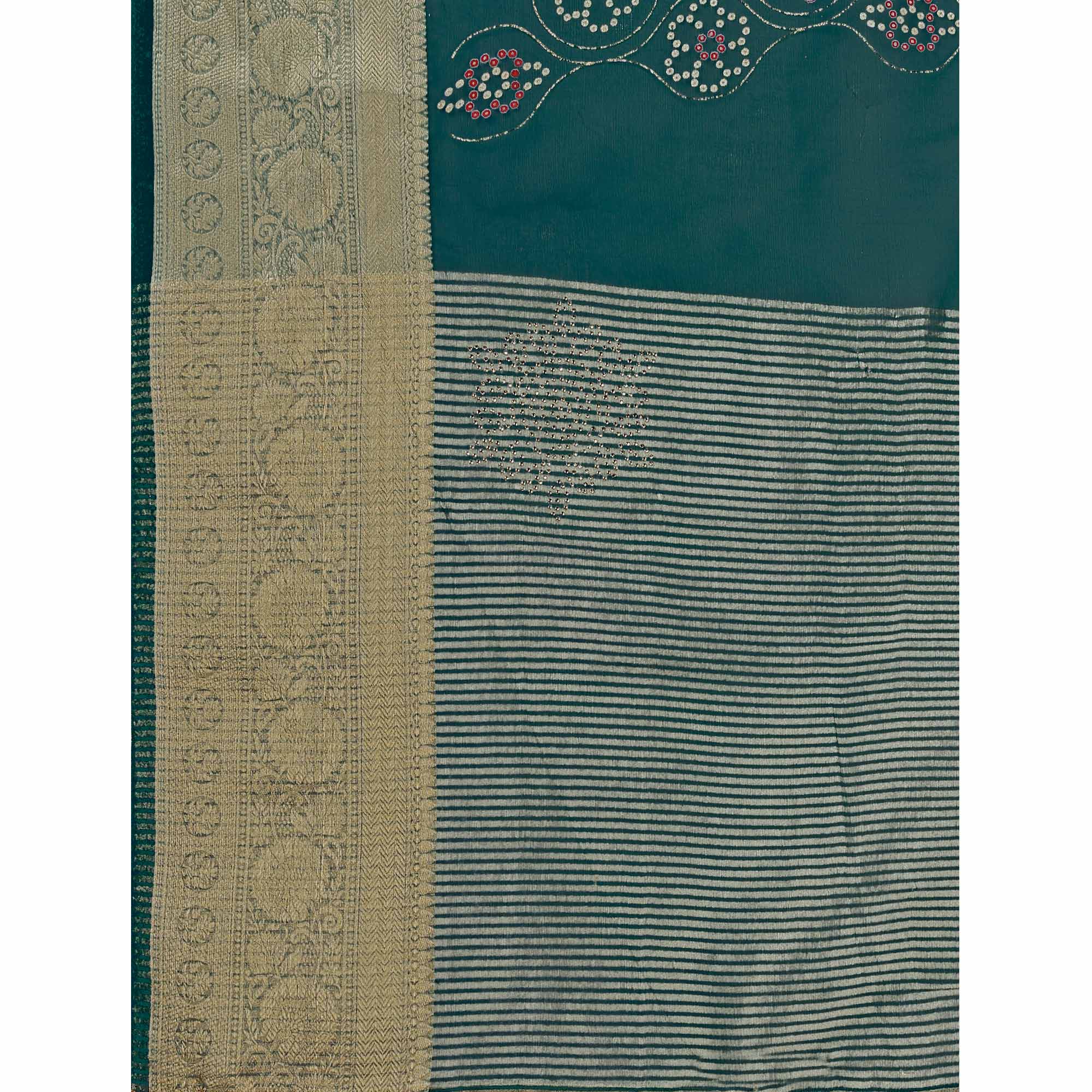 Teal Bandhani Printed Organza Saree With Woven Border