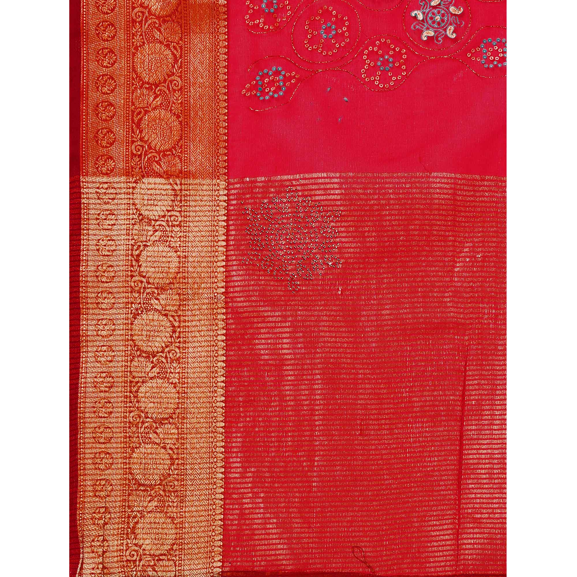 Red Bandhani Printed Organza Saree With Woven Border