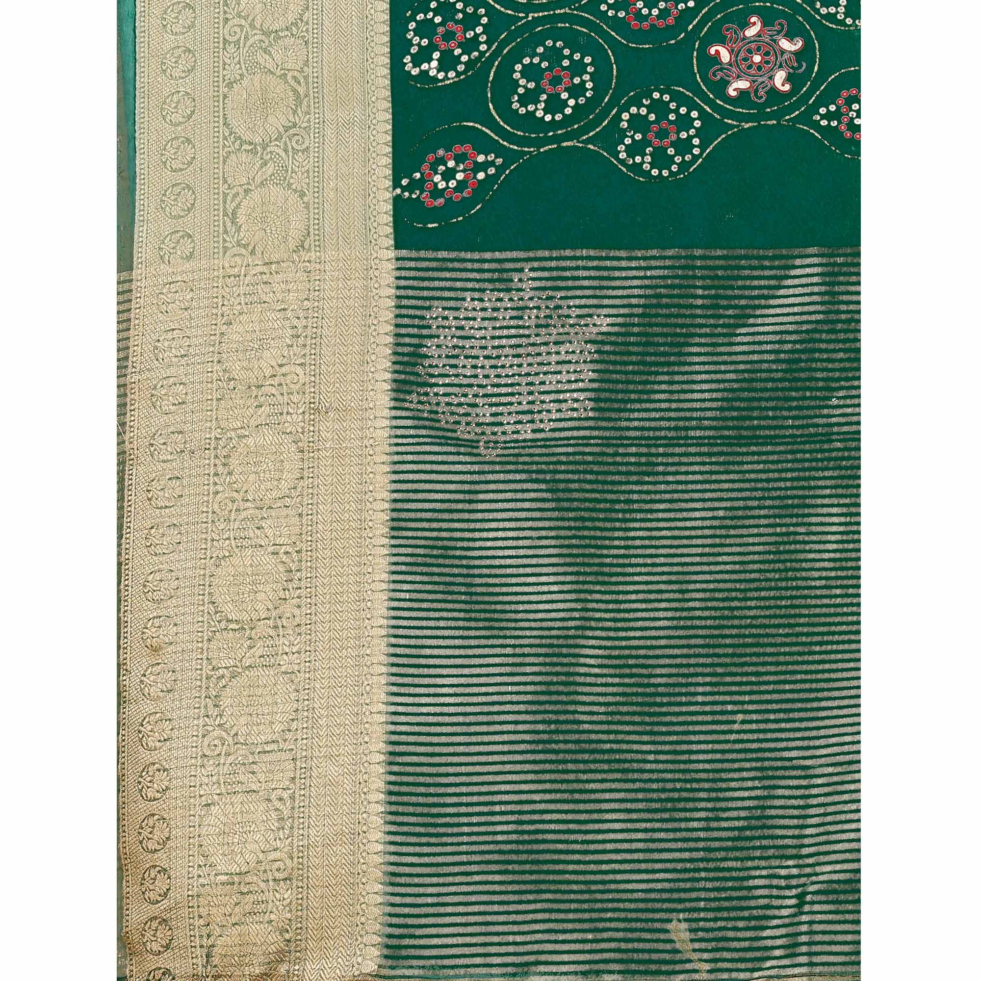 Green Bandhani Printed Organza Saree With Woven Border