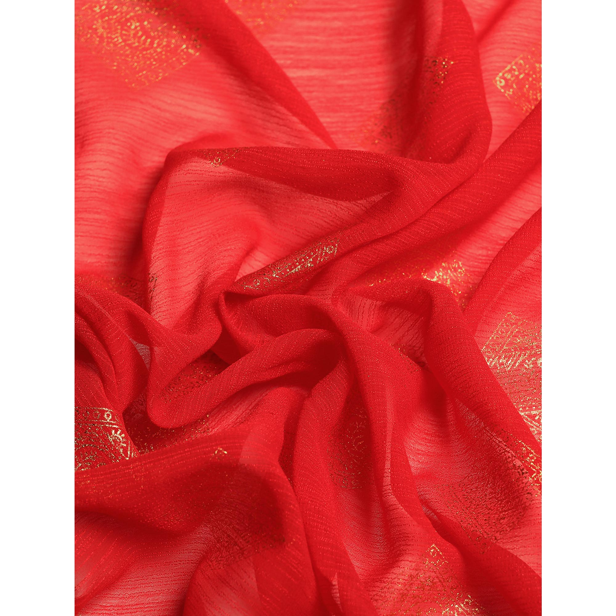Red Foil Printed Chiffon Saree With Tassels