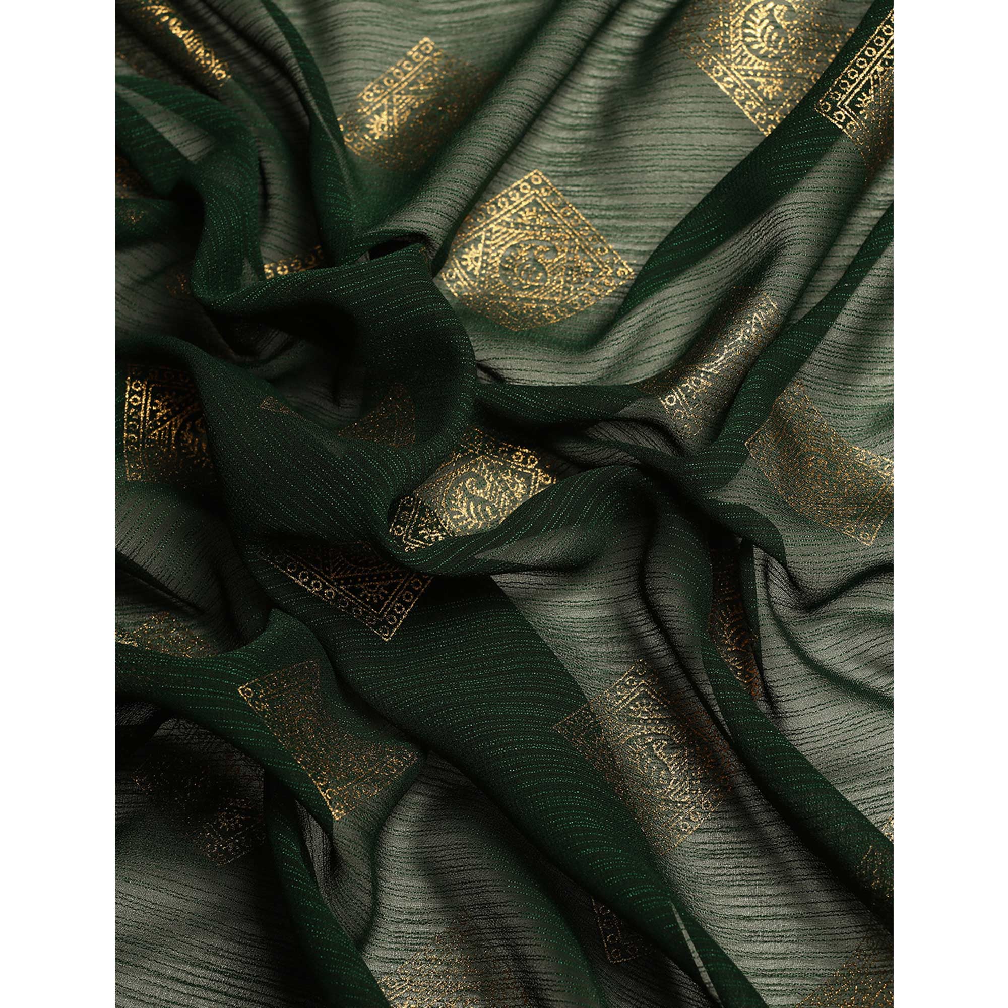 Green Foil Printed Chiffon Saree With Tassels
