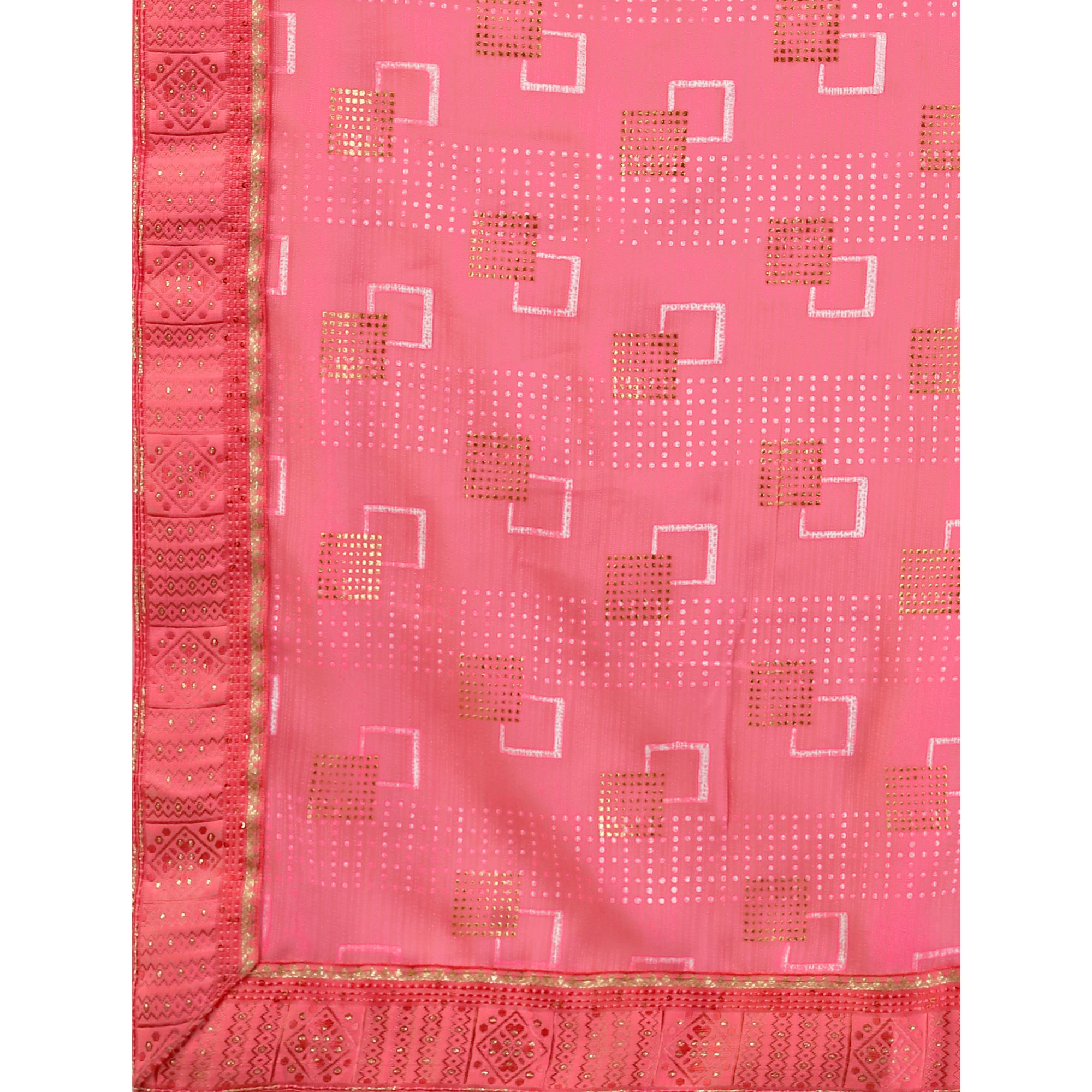 Baby Pink Foil Printed Chiffon Saree With Lace Border