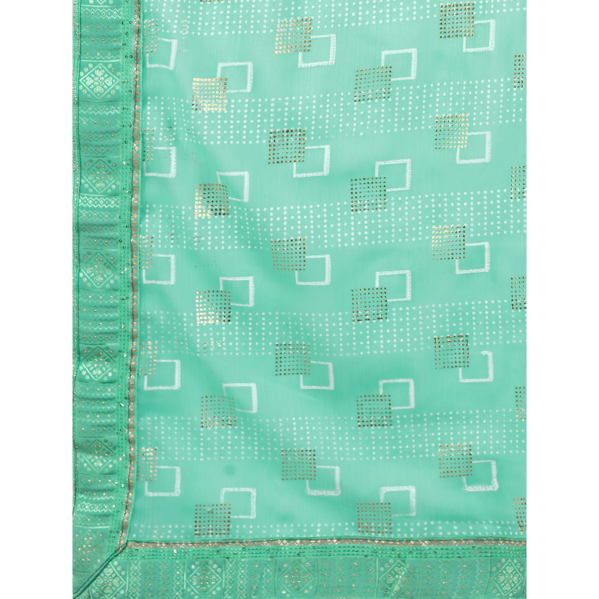 Sea Green Foil Printed Chiffon Saree With Lace Border