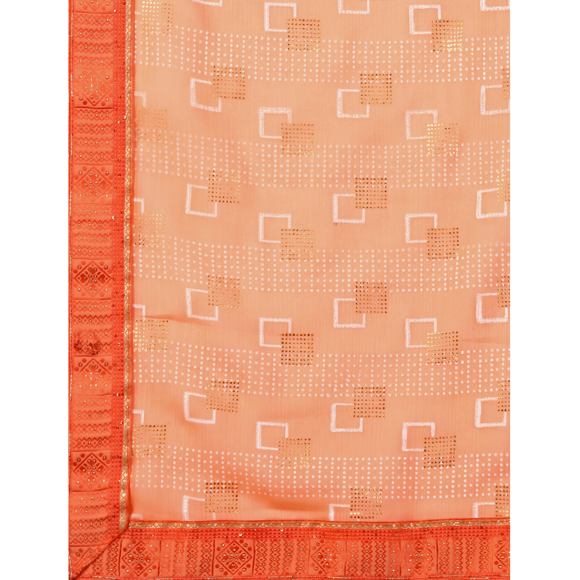 Peach Foil Printed Chiffon Saree With Lace Border