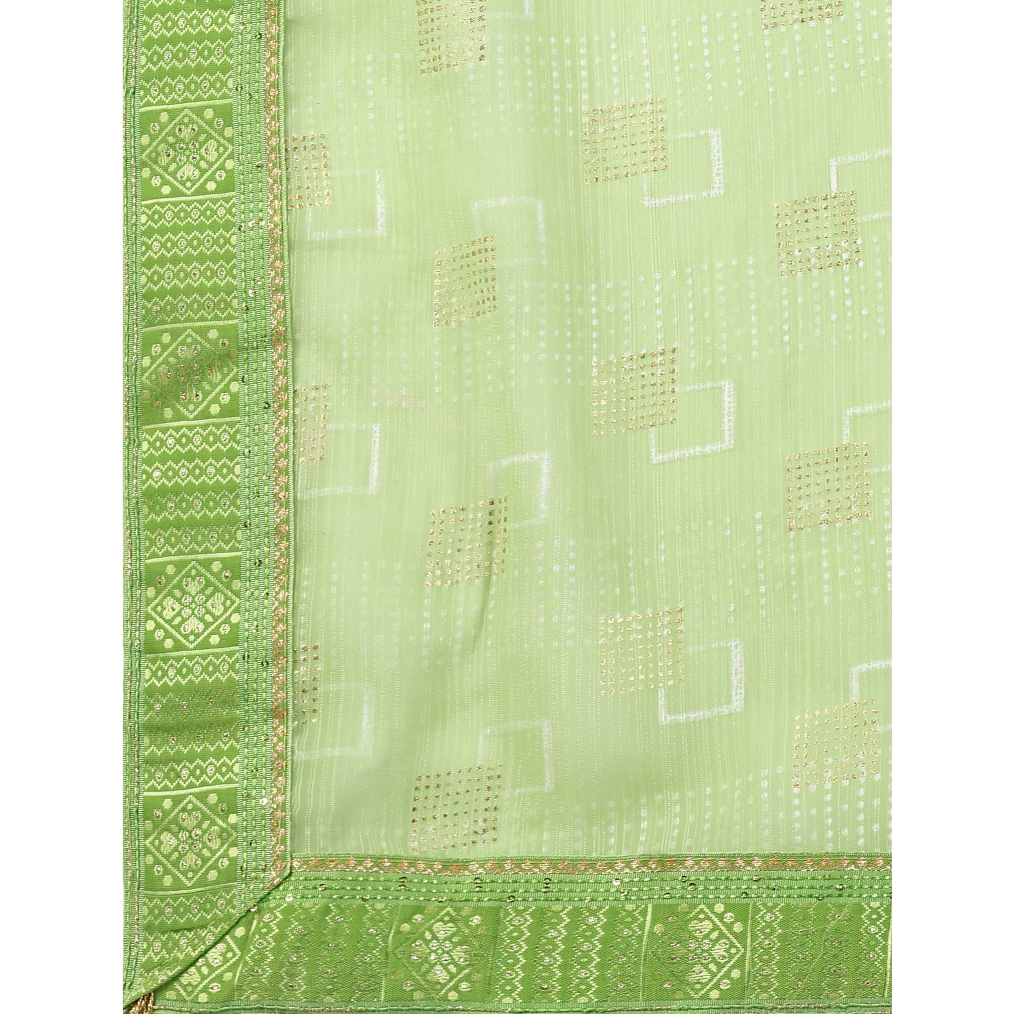 Green Foil Printed Chiffon Saree With Lace Border