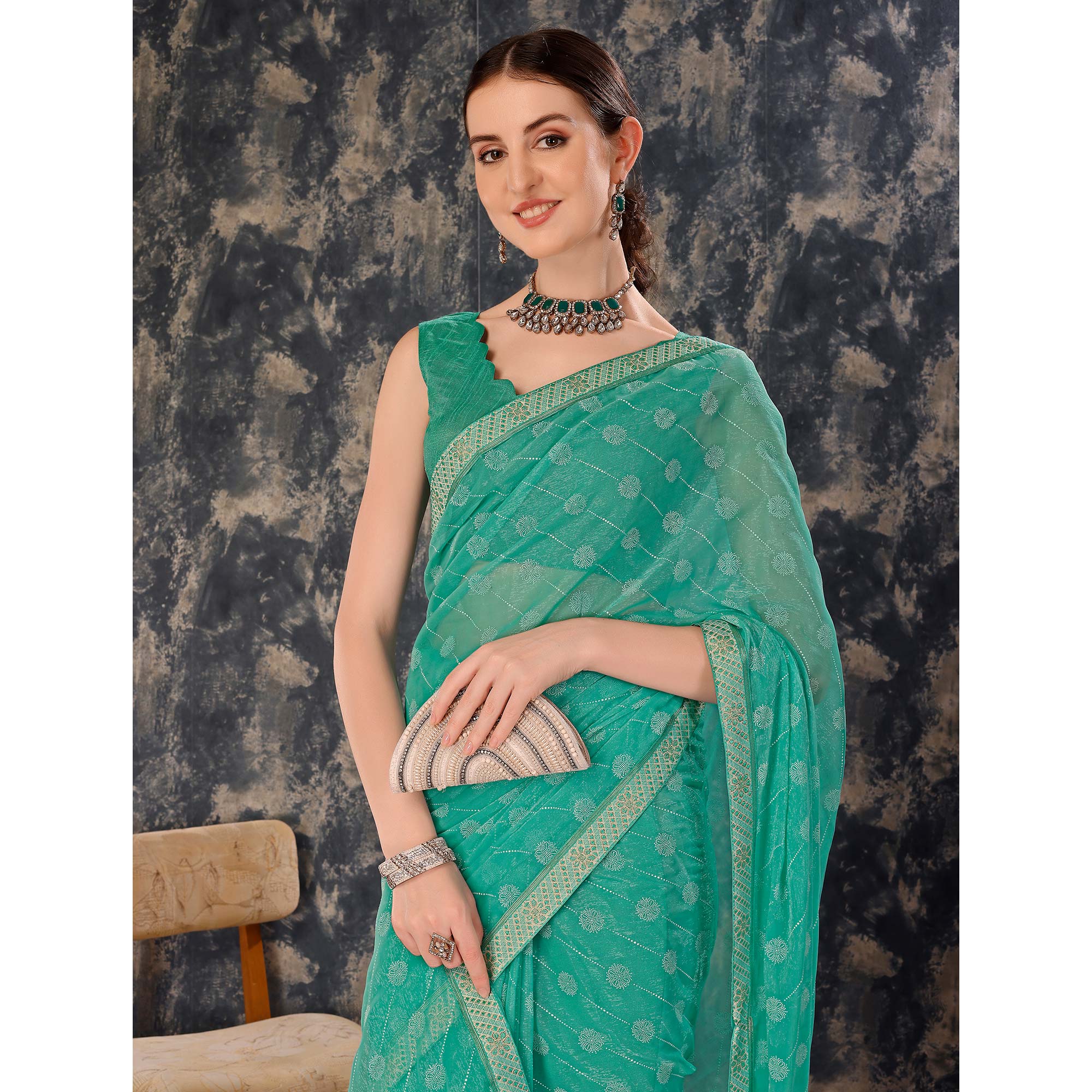 Turquoise Printed Chiffon Saree With Lace Border