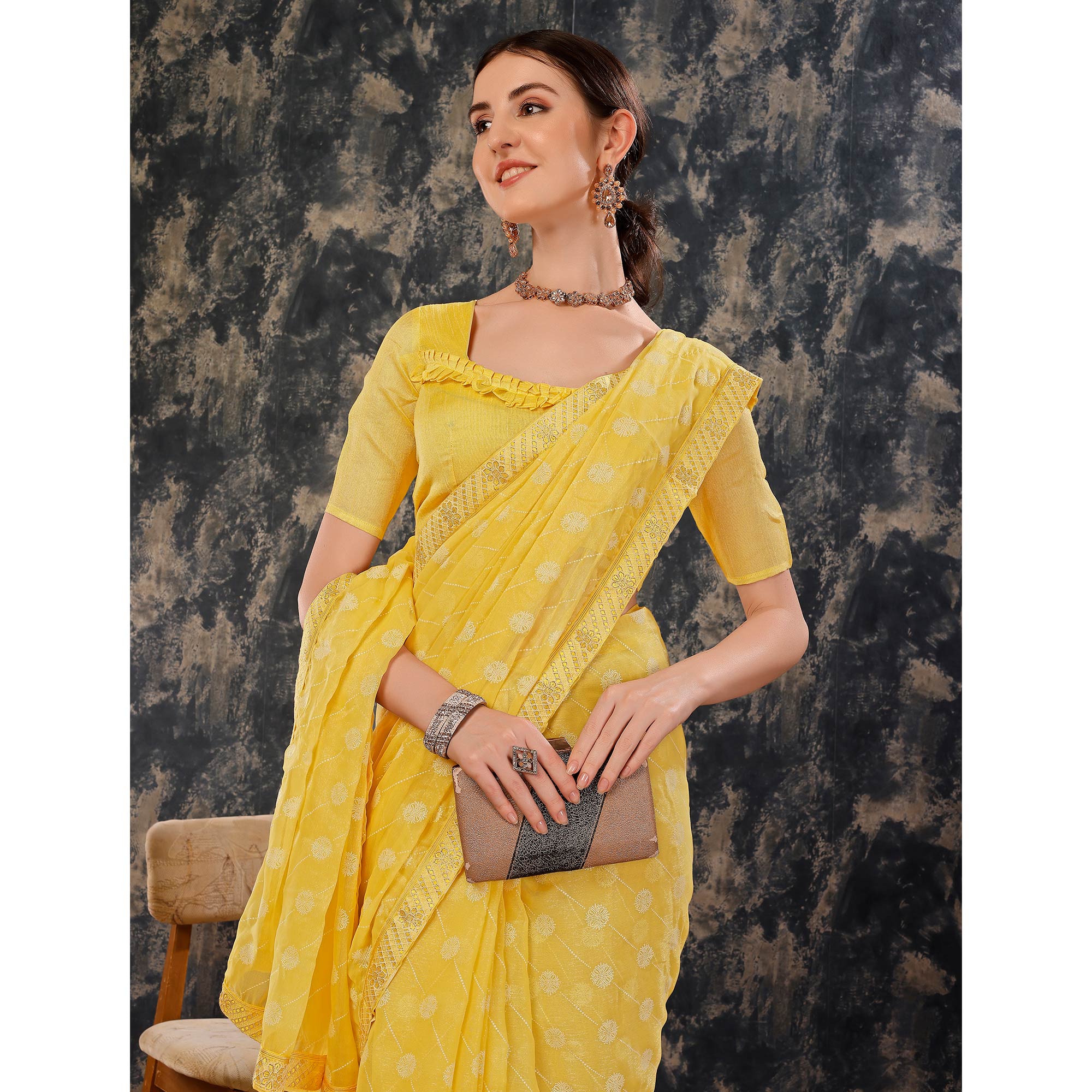 Yellow Printed Chiffon Saree With Lace Border