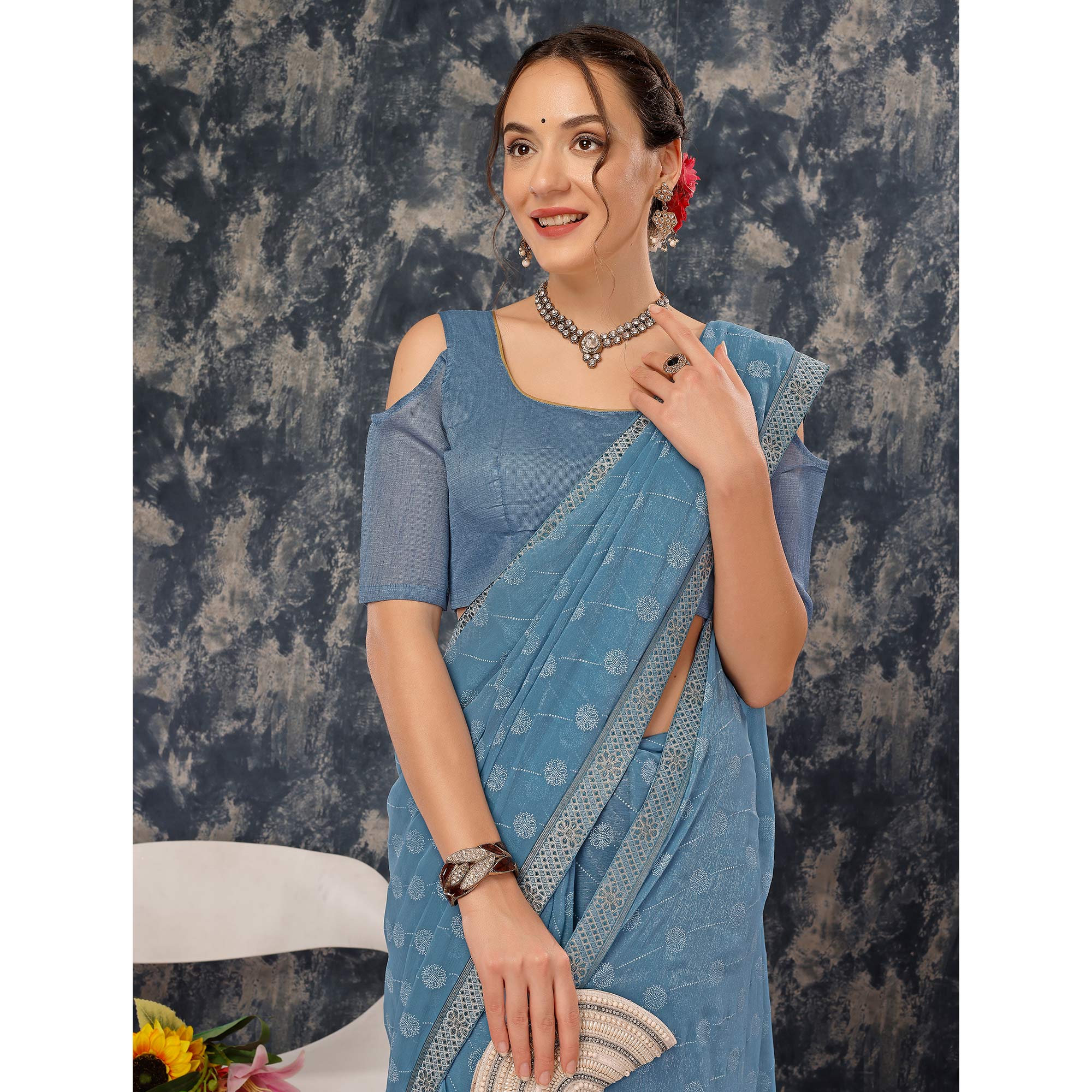 Greyish Blue Printed Chiffon Saree With Lace Border