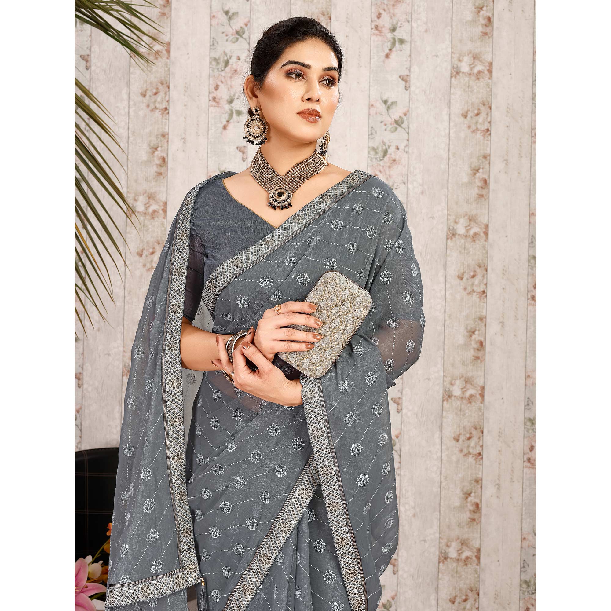 Grey Printed Chiffon Saree With Lace Border