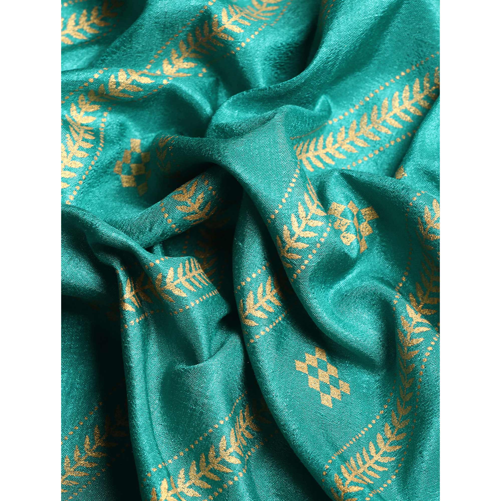 Rama Blue Floral Foil Printed Vichitra Silk Saree