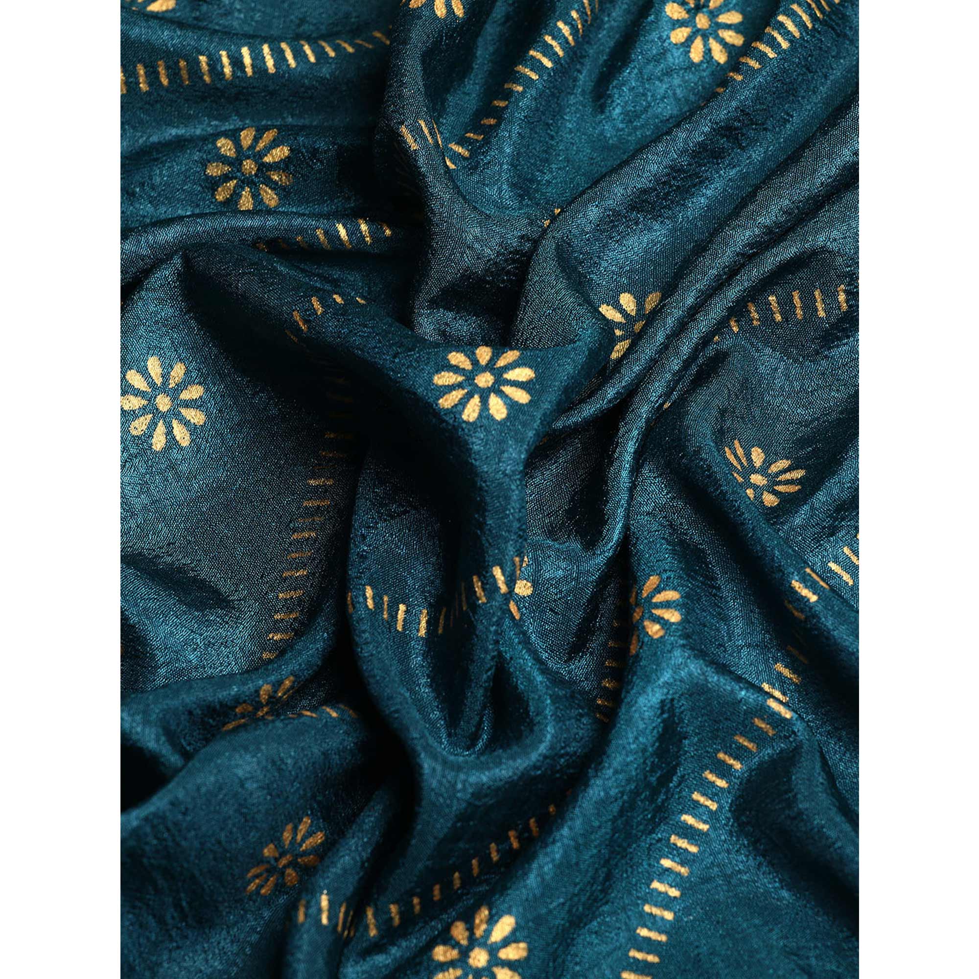Blue Floral Foil Printed Vichitra Silk Saree