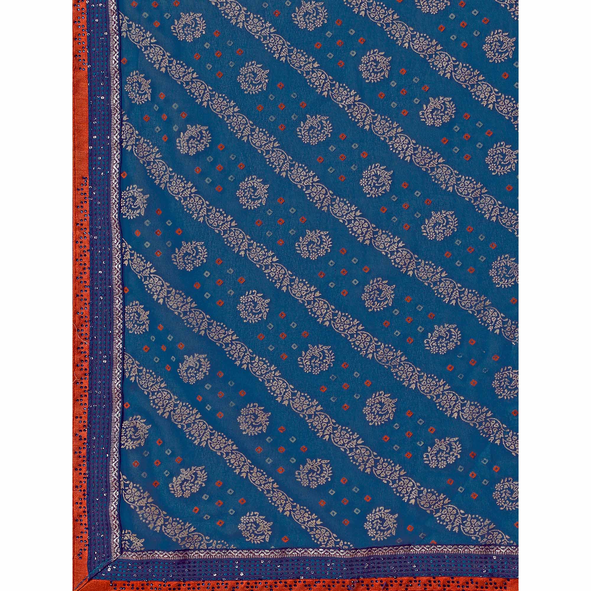 Blue Floral Foil Printed Chiffon Saree With Lace Border