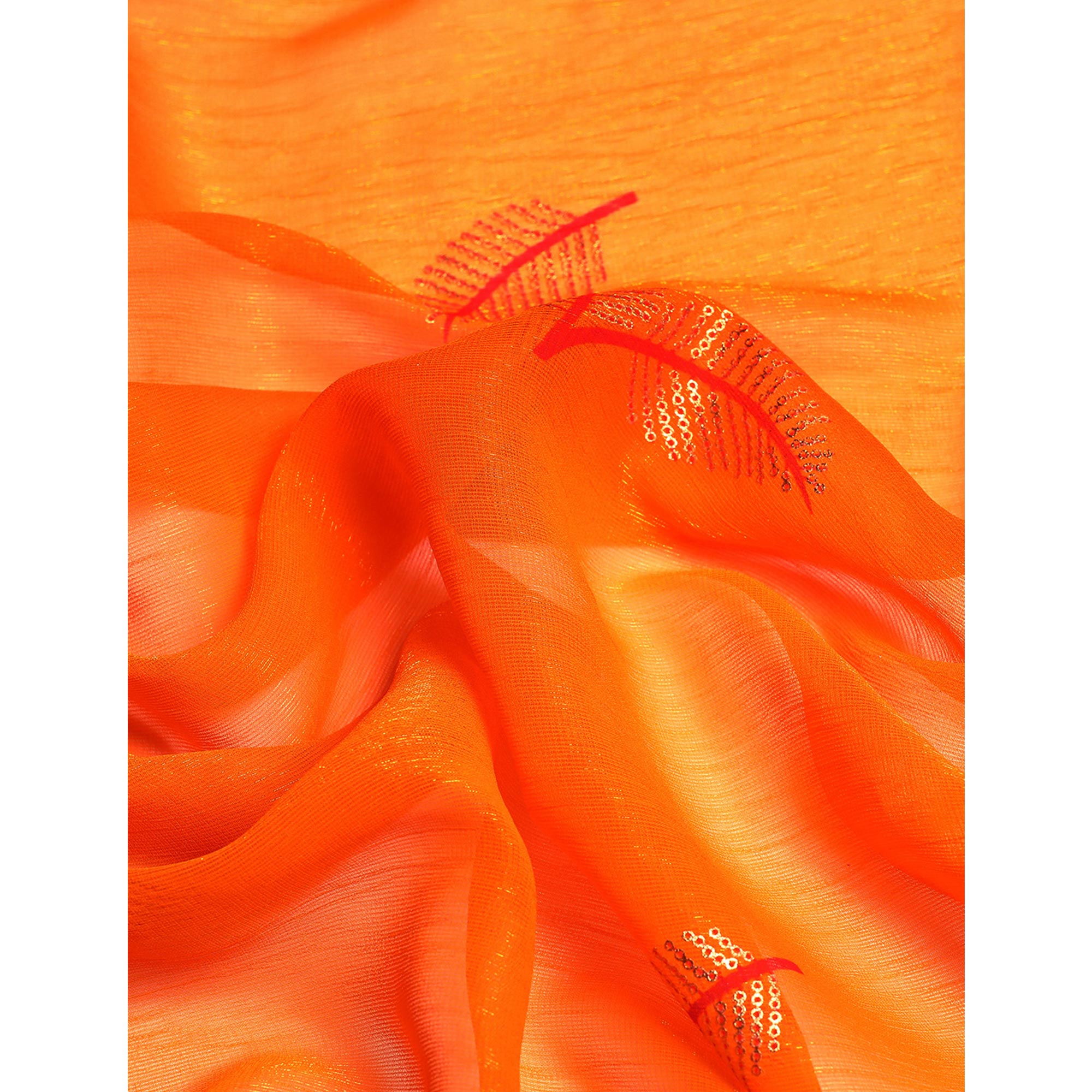 Orange Sequins Embroidered Chiffon Saree With Tassels