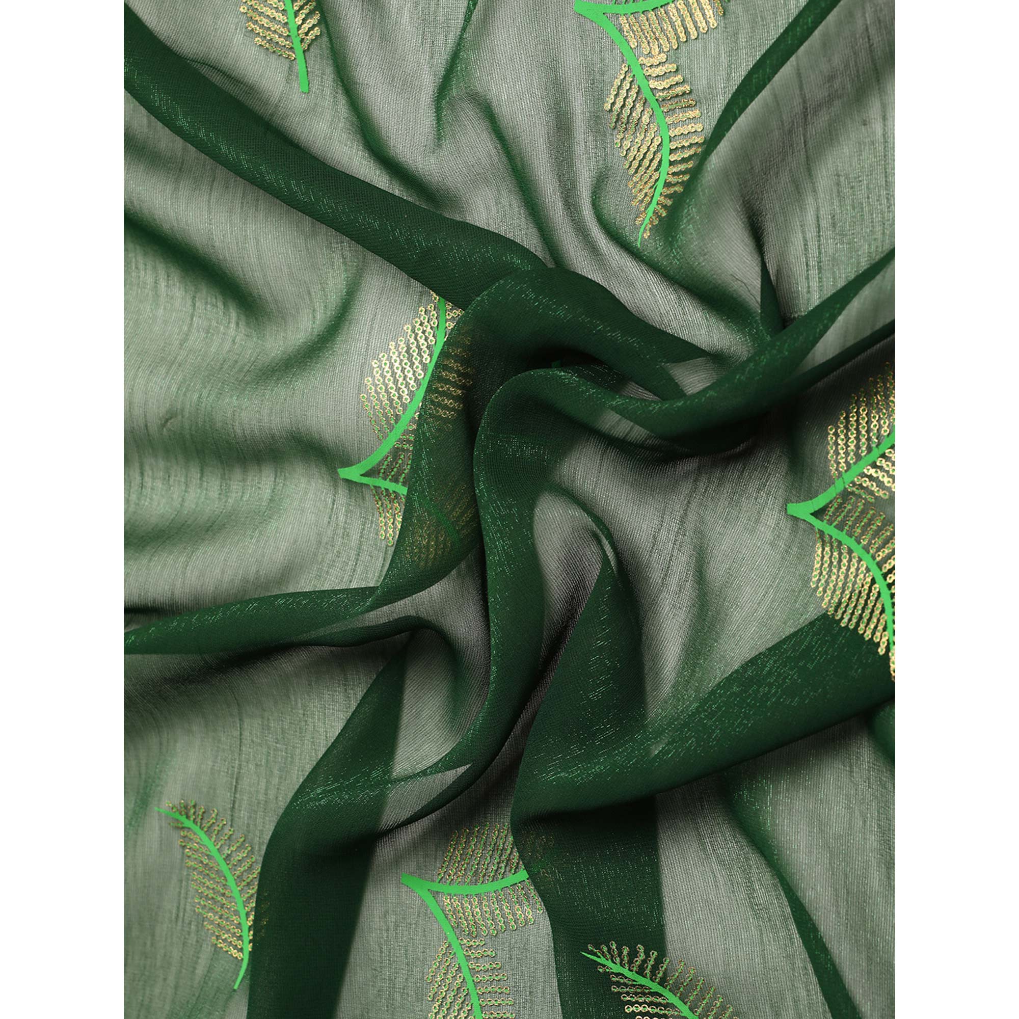 Green Sequins Embroidered Chiffon Saree With Tassels