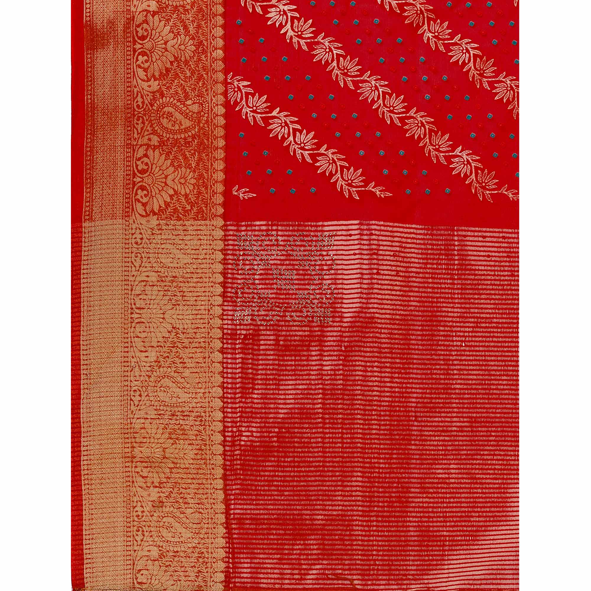 Red Foil Printed Organza Saree With Woven Border