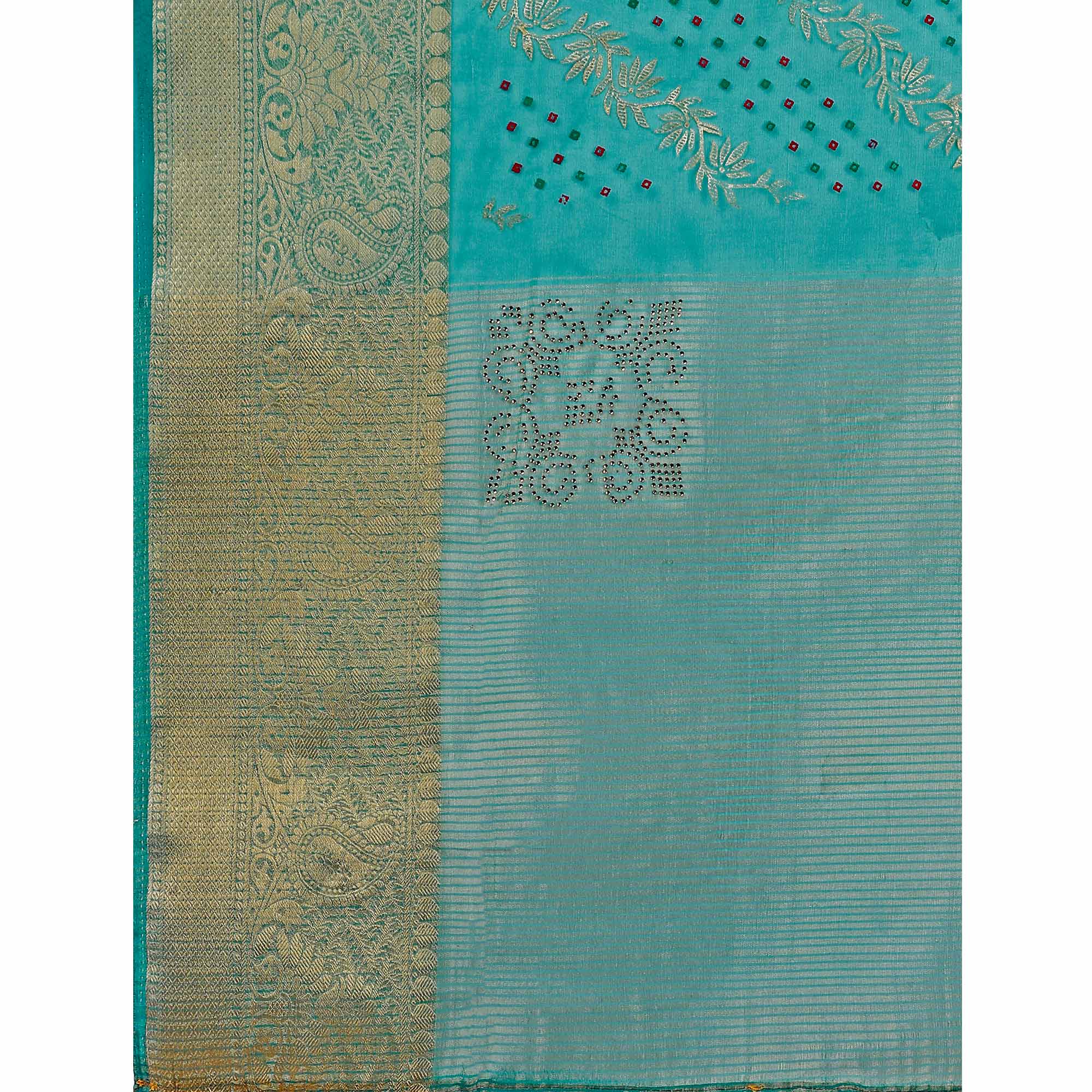 Rama Blue Foil Printed Organza Saree With Woven Border
