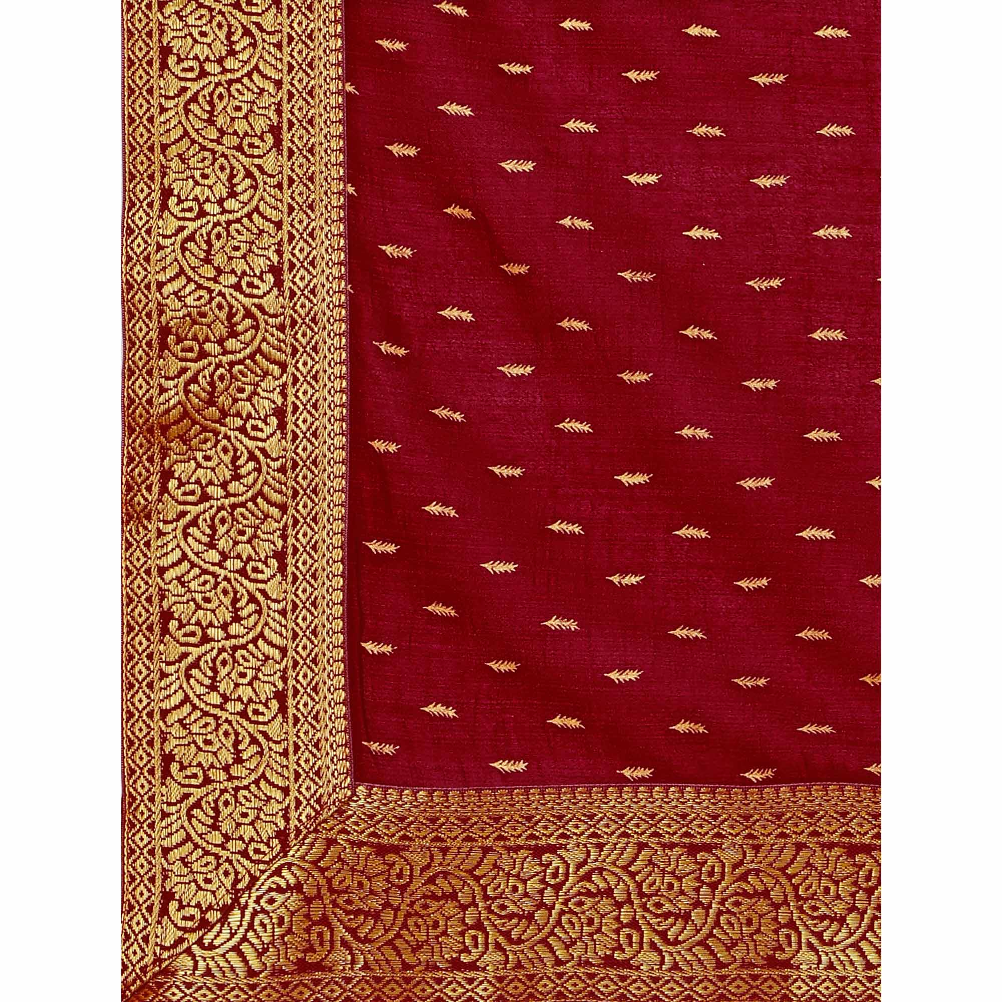 Maroon Foil Printed Vichitra Silk Saree With Jacquard Border