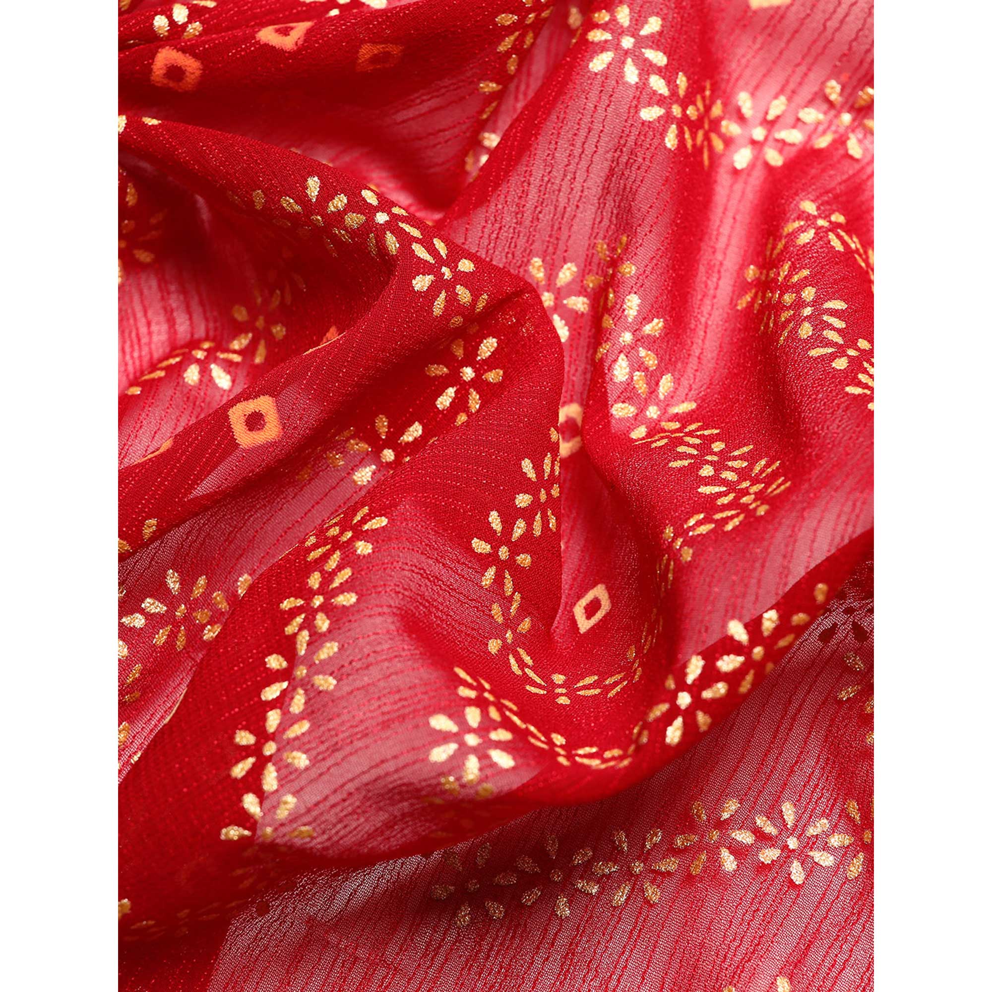 Maroon Floral Foil Printed Chiffon Saree With Tassels