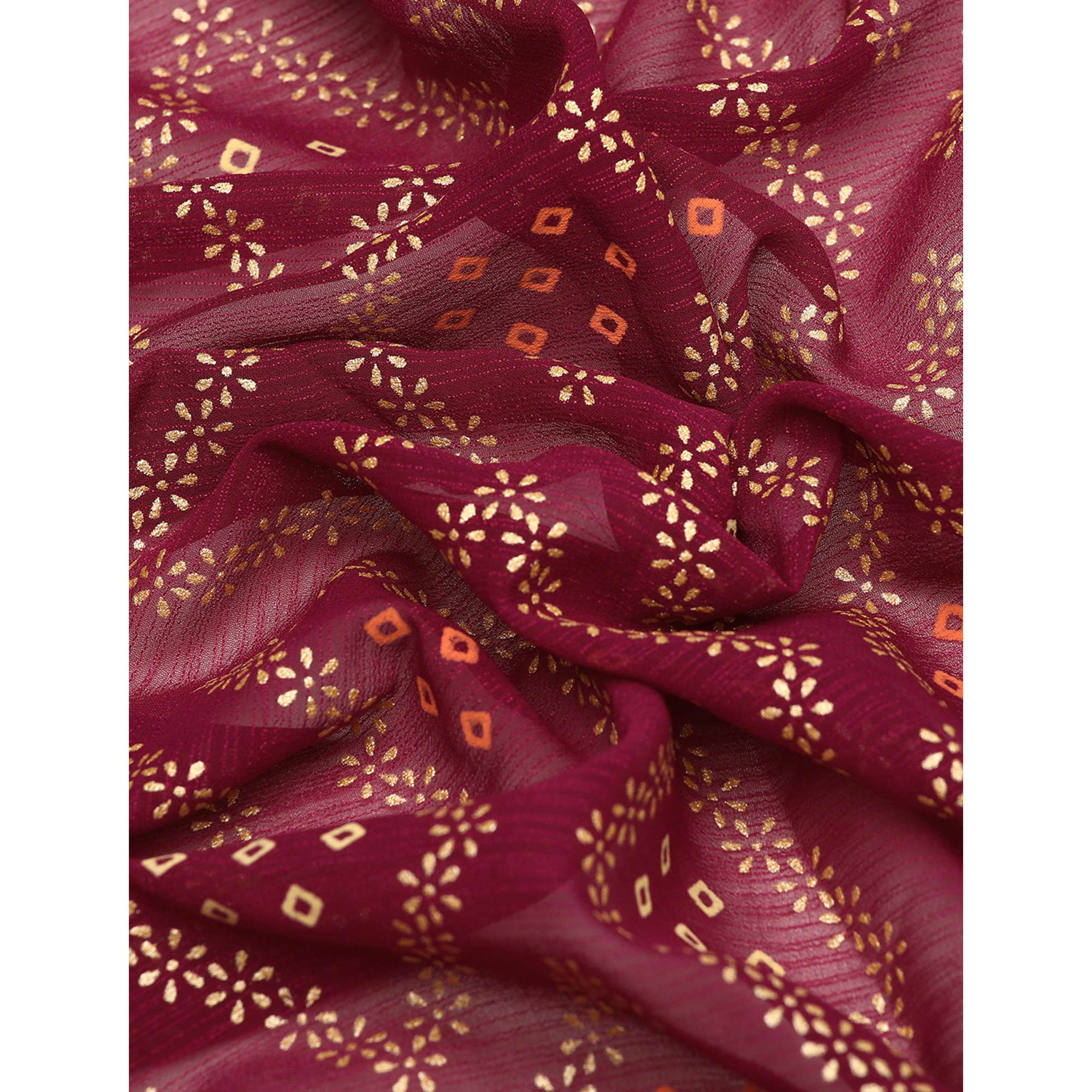 Wine Floral Foil Printed Chiffon Saree With Tassels