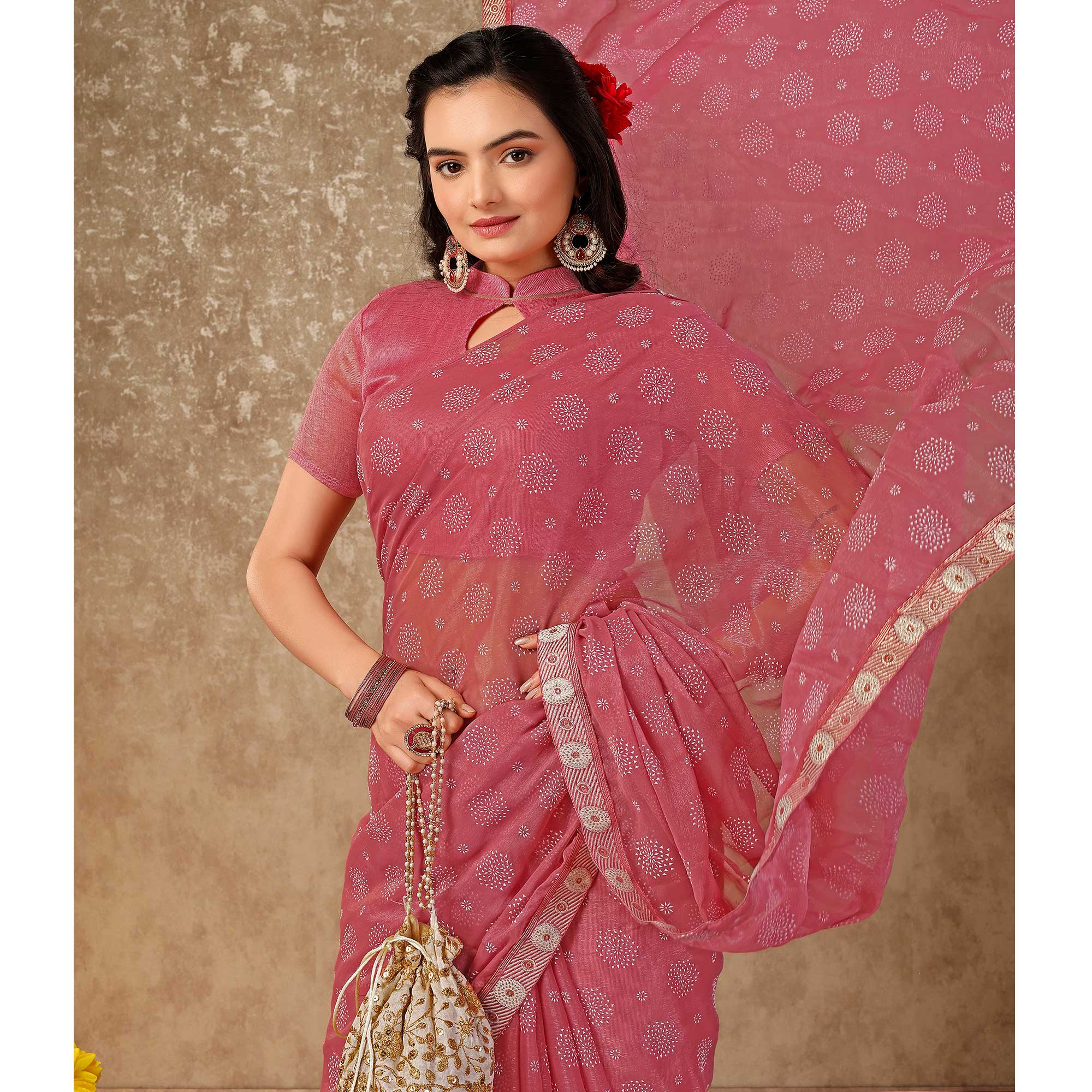 Pink Printed Chiffon Saree With Lace Border