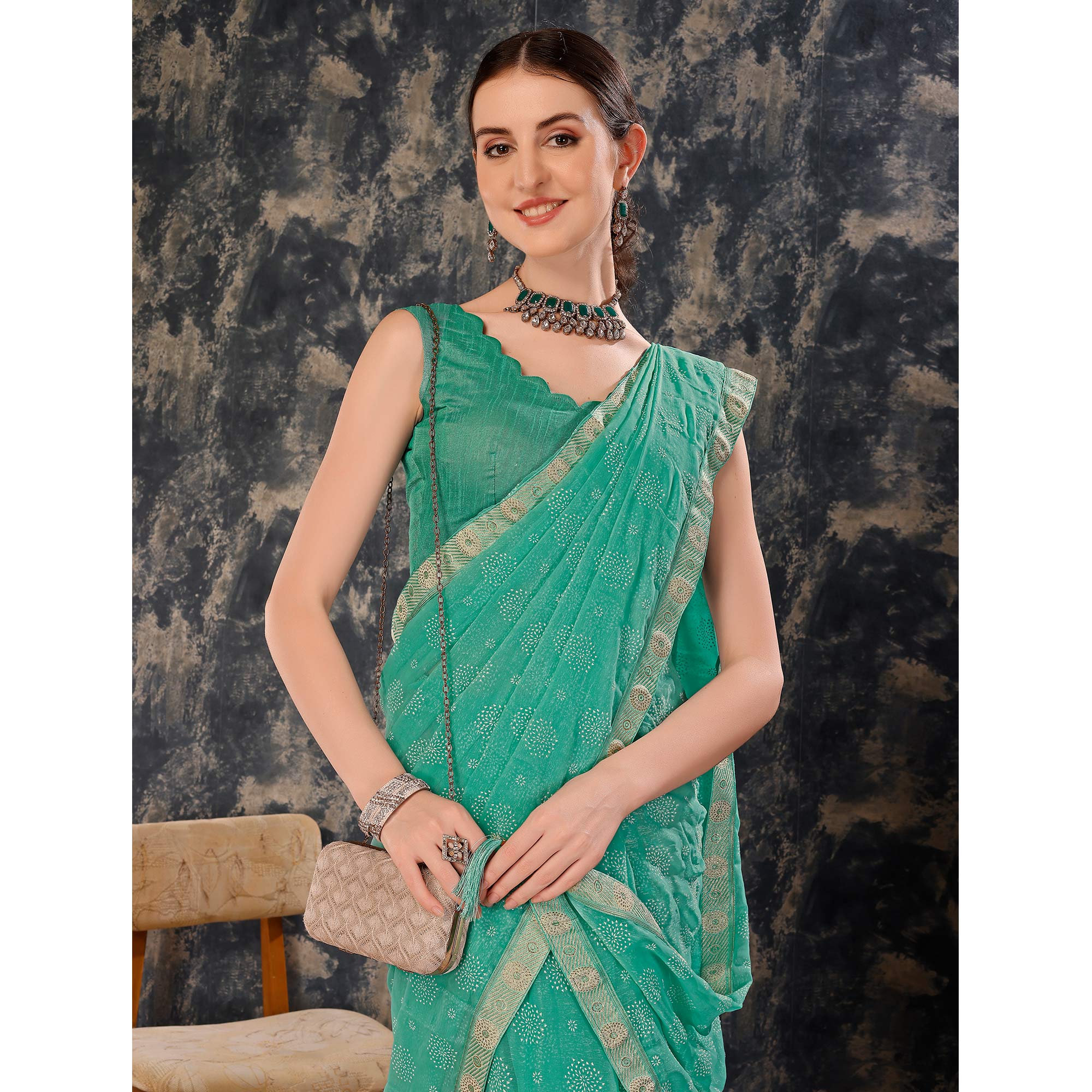 Turquoise Printed Chiffon Saree With Lace Border