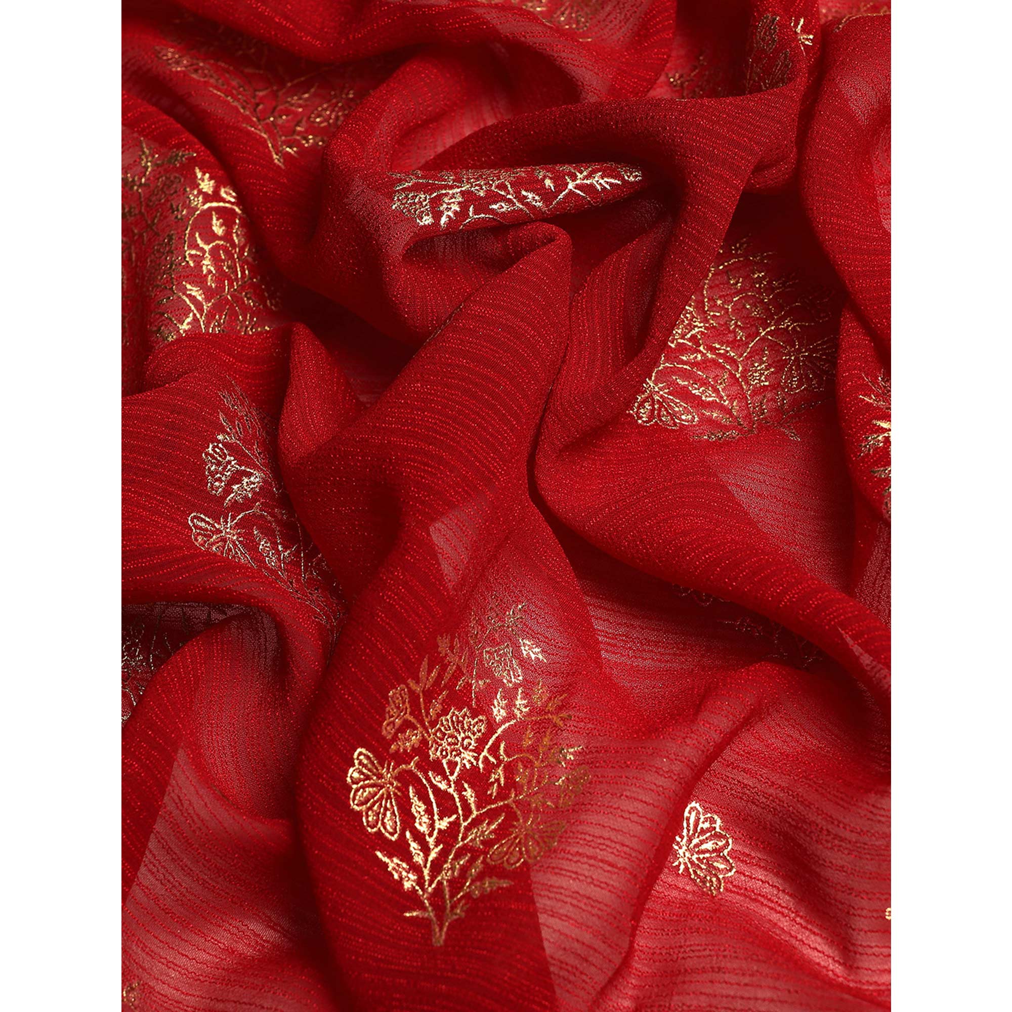 Maroon Floral Foil Printed Chiffon Saree With Tassels