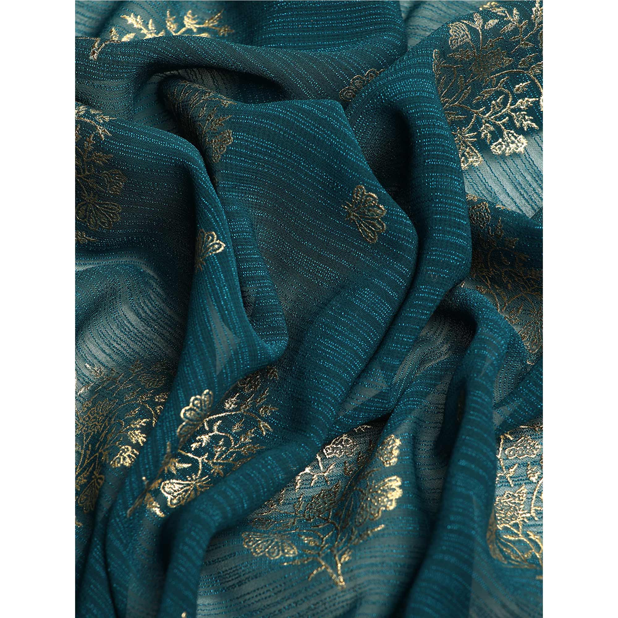 Teal Blue Floral Foil Printed Chiffon Saree With Tassels