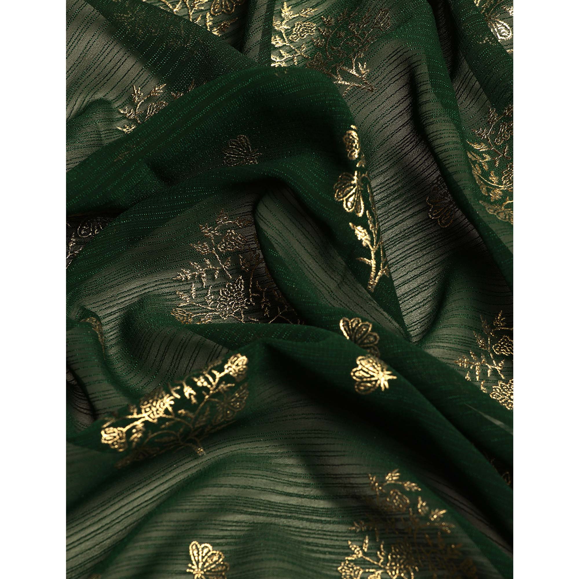 Green Floral Foil Printed Chiffon Saree With Tassels