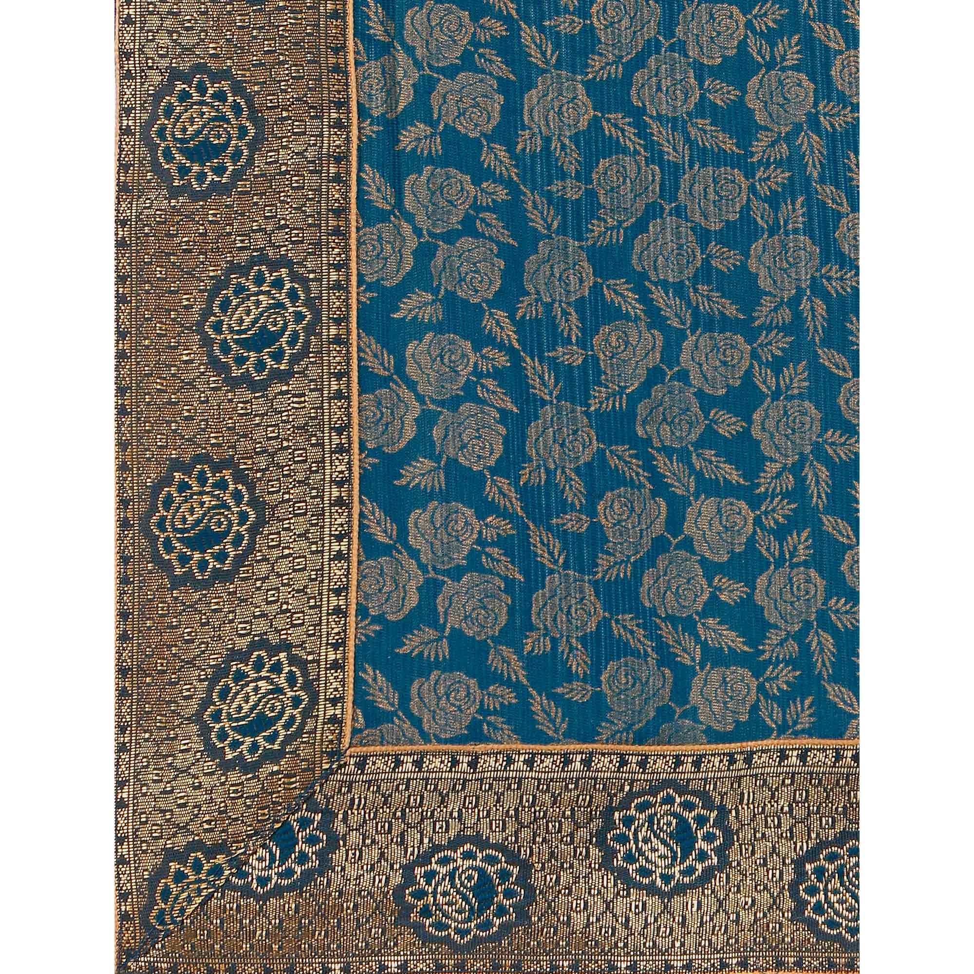 Teal Blue Floral Handloom Woven Rayon Saree