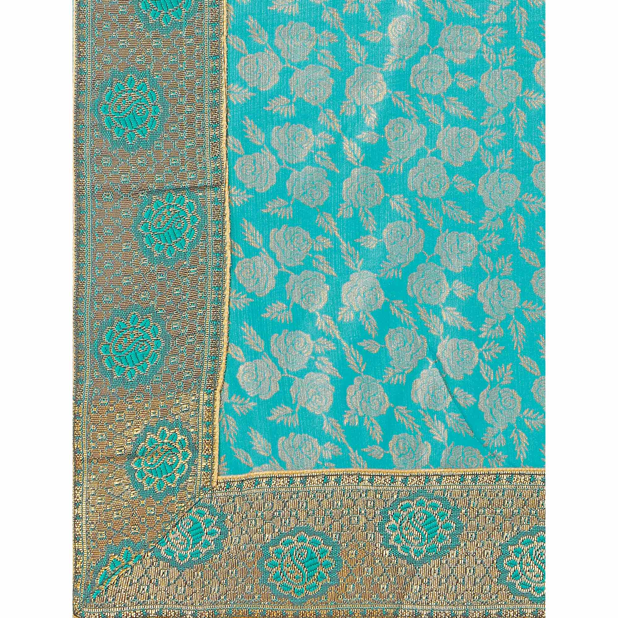 Teal Blue Floral Handloom Woven Rayon Saree